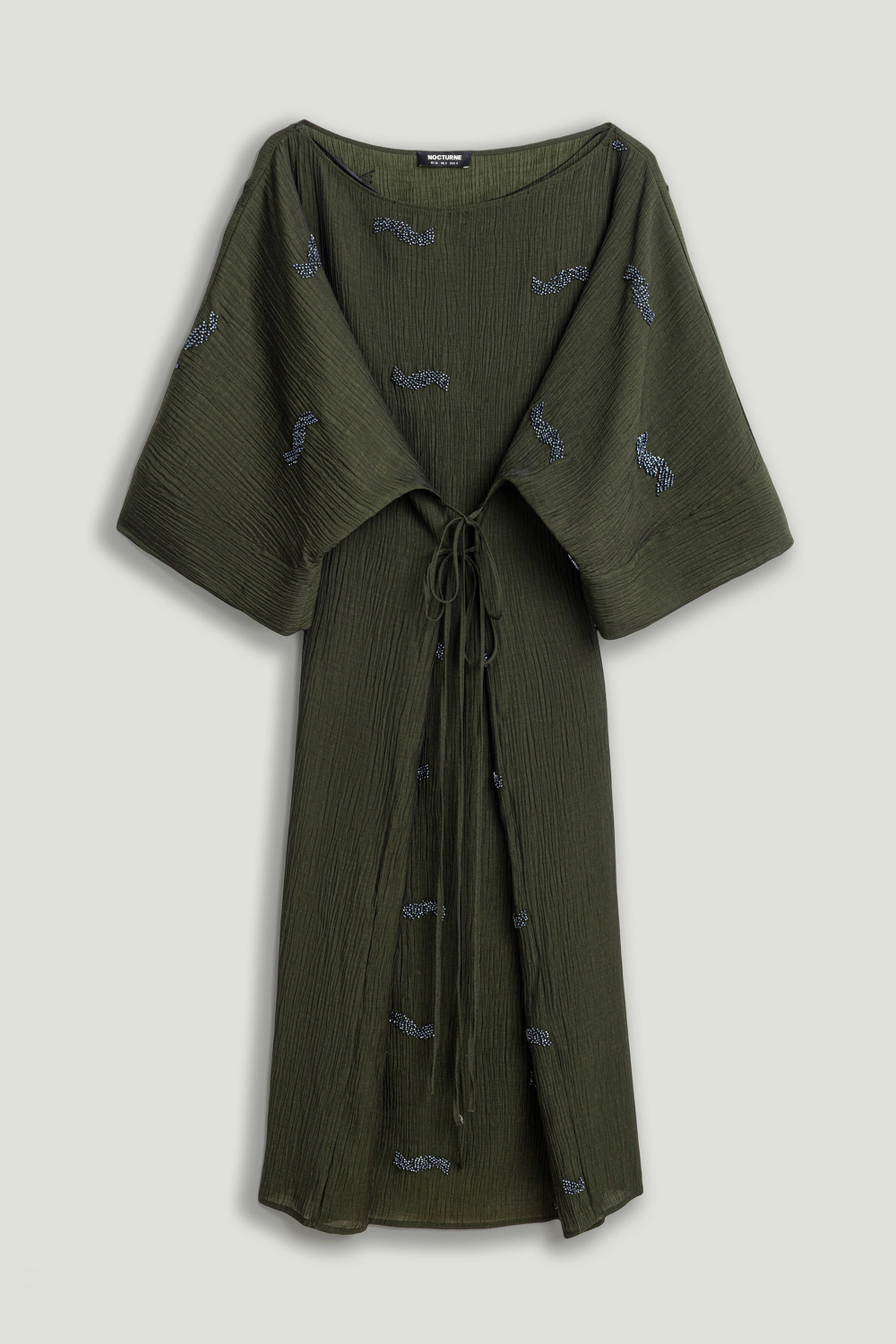 Embroidered Crinkle-Knit Kimono Maxi Dress