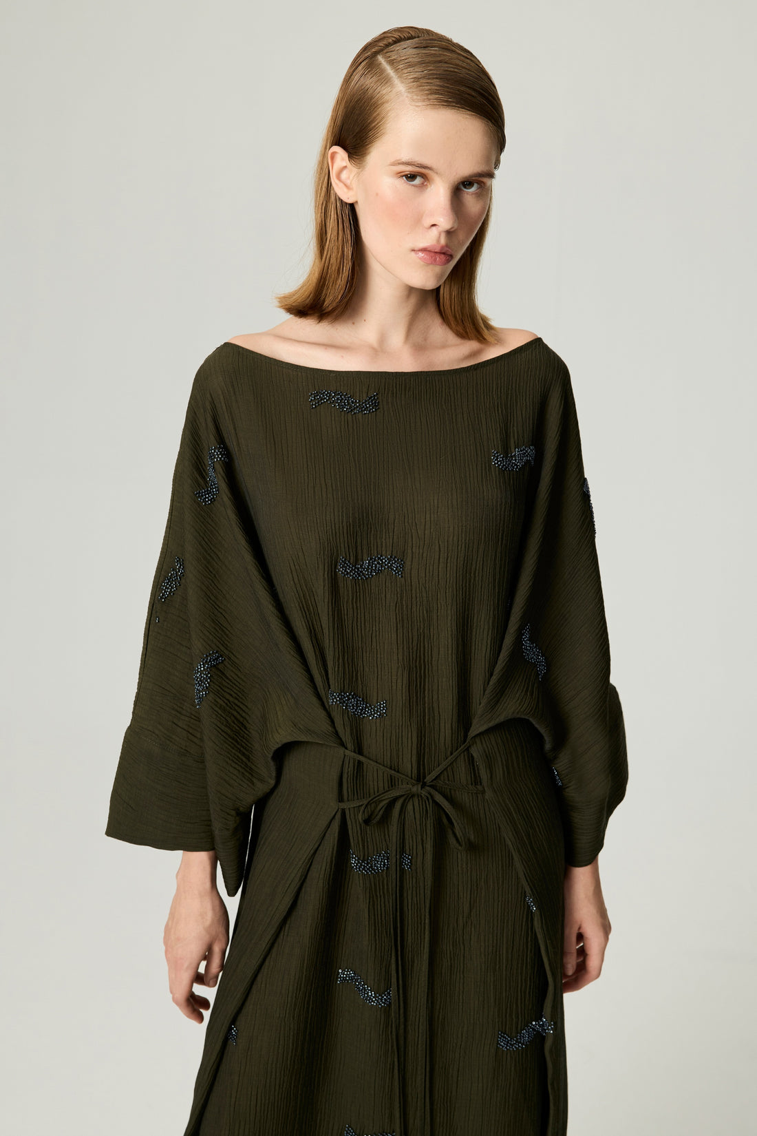 Embroidered Crinkle-Knit Kimono Maxi Dress