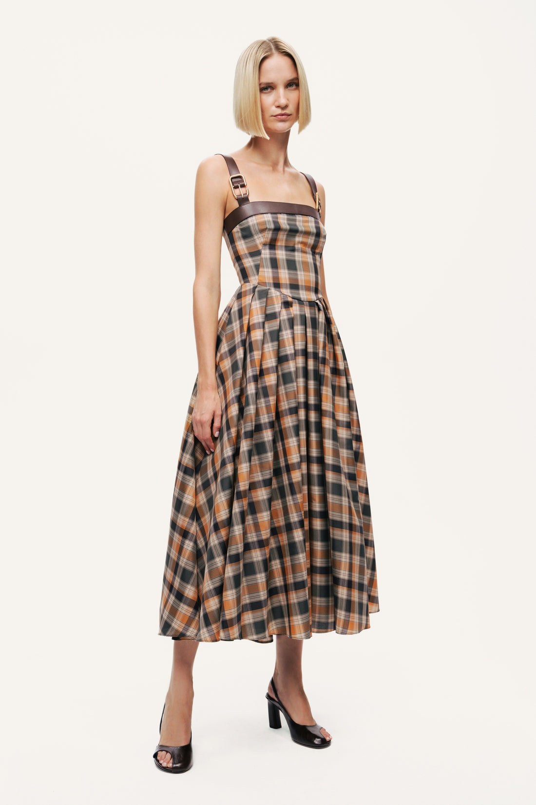 Plaid Pleated Maxi Dress with Faux Leather Belt