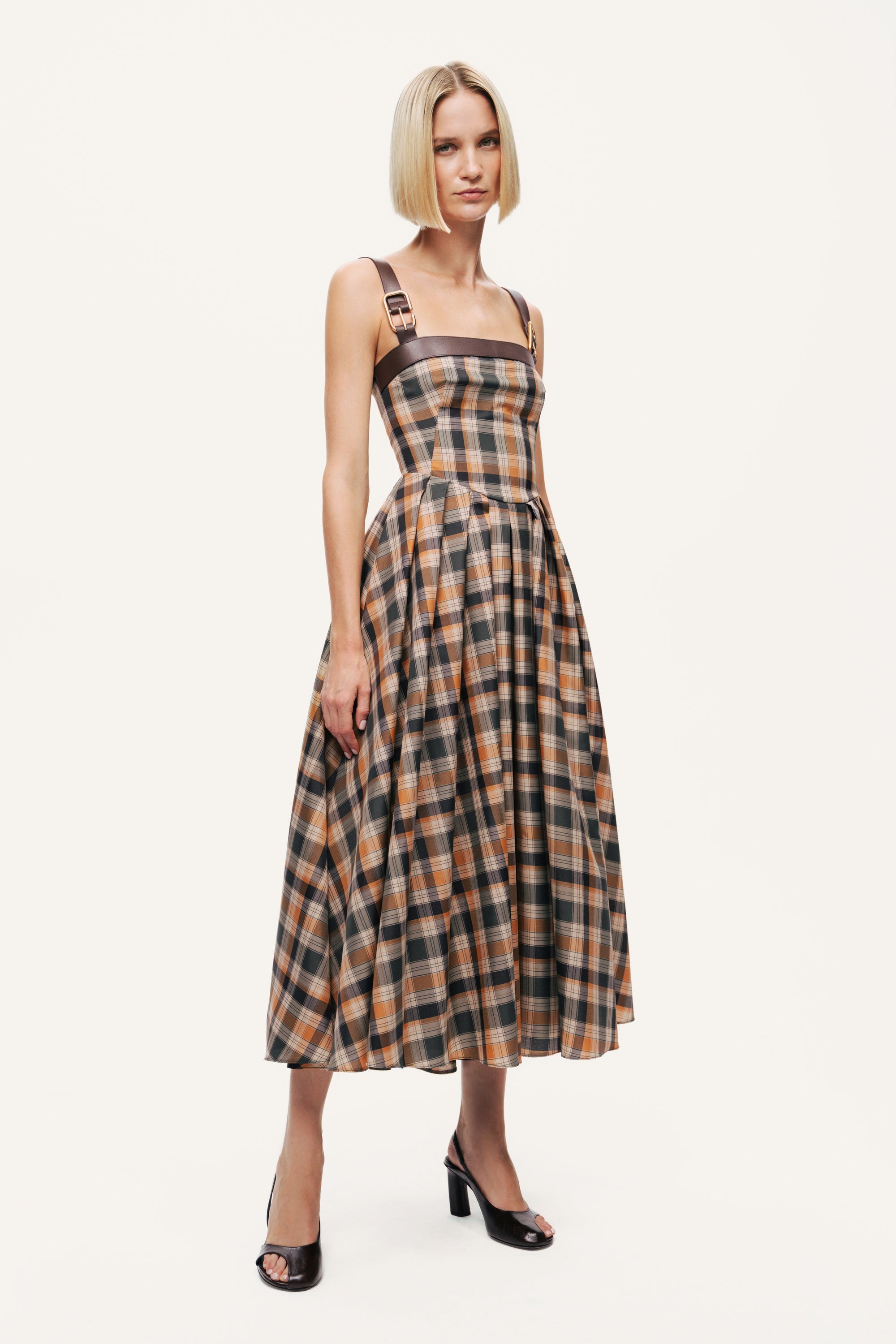 Plaid Pleated Maxi Dress with Faux Leather Belt