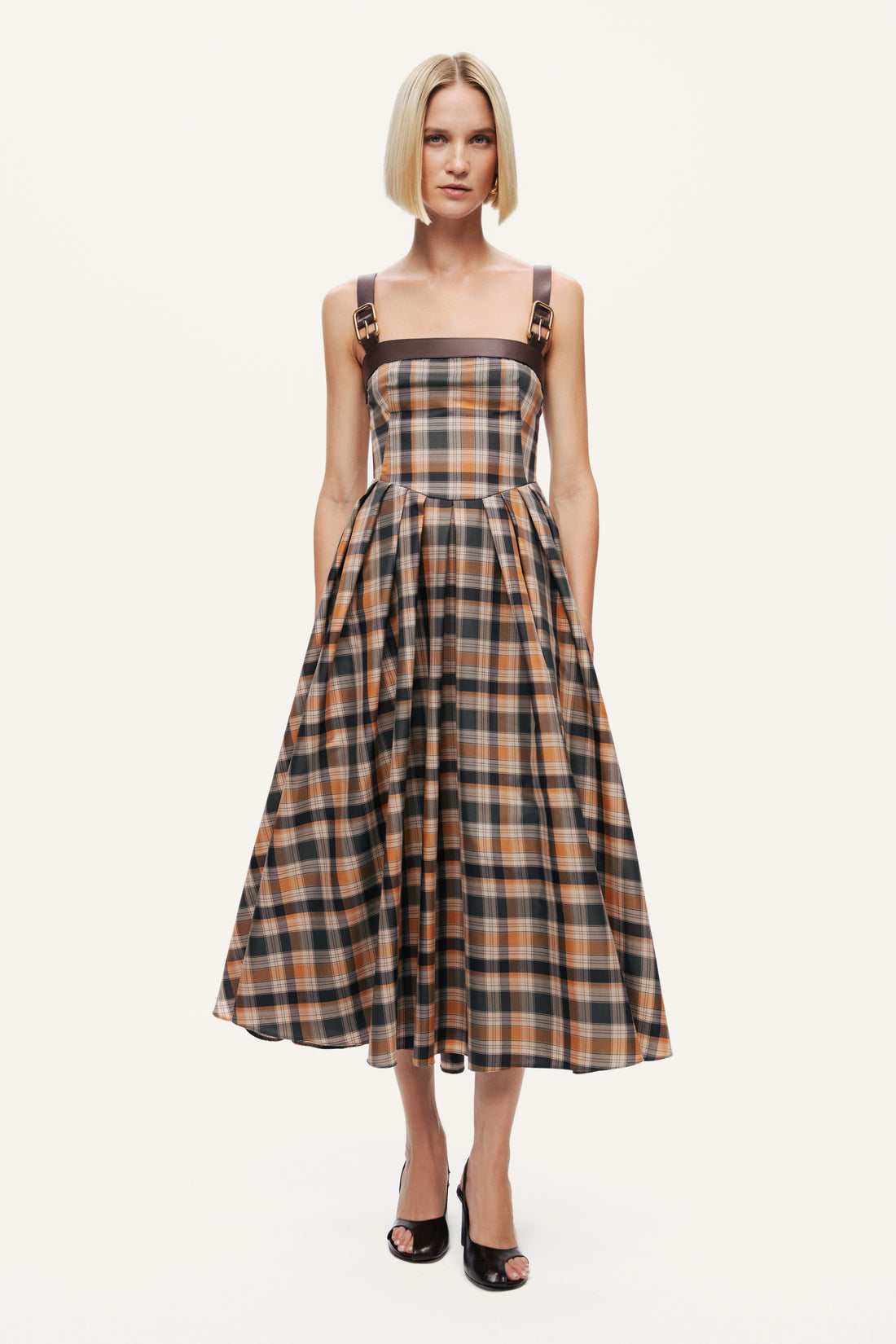 Plaid Pleated Maxi Dress with Faux Leather Belt