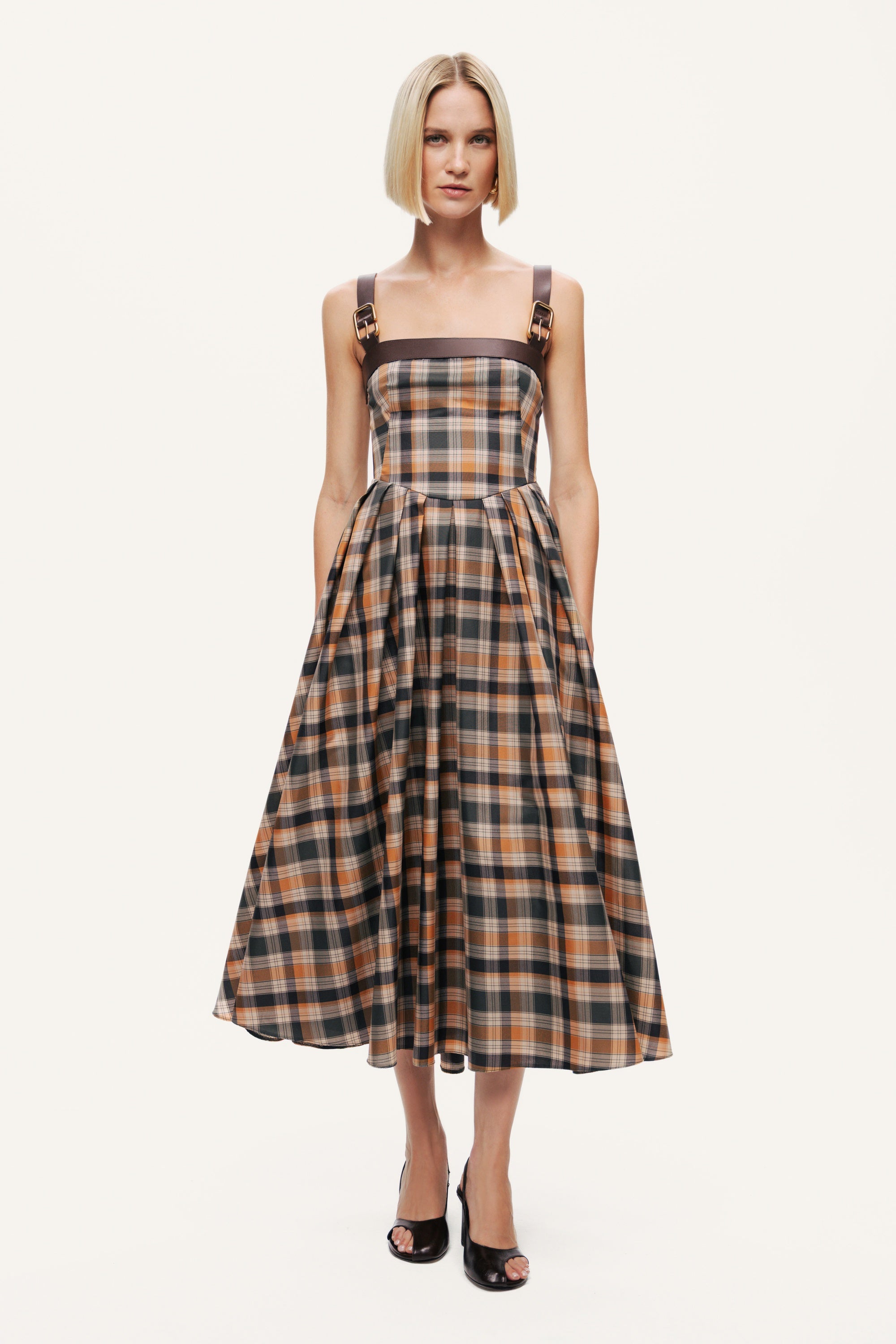 Plaid Pleated Maxi Dress with Faux Leather Belt