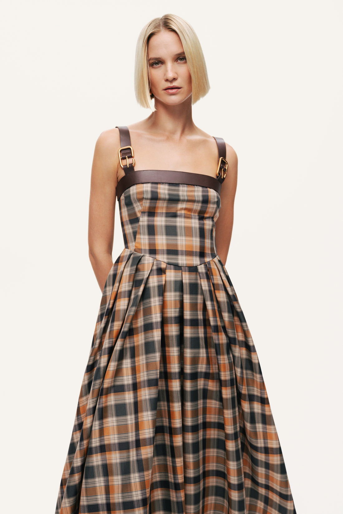 Plaid Pleated Maxi Dress with Faux Leather Belt