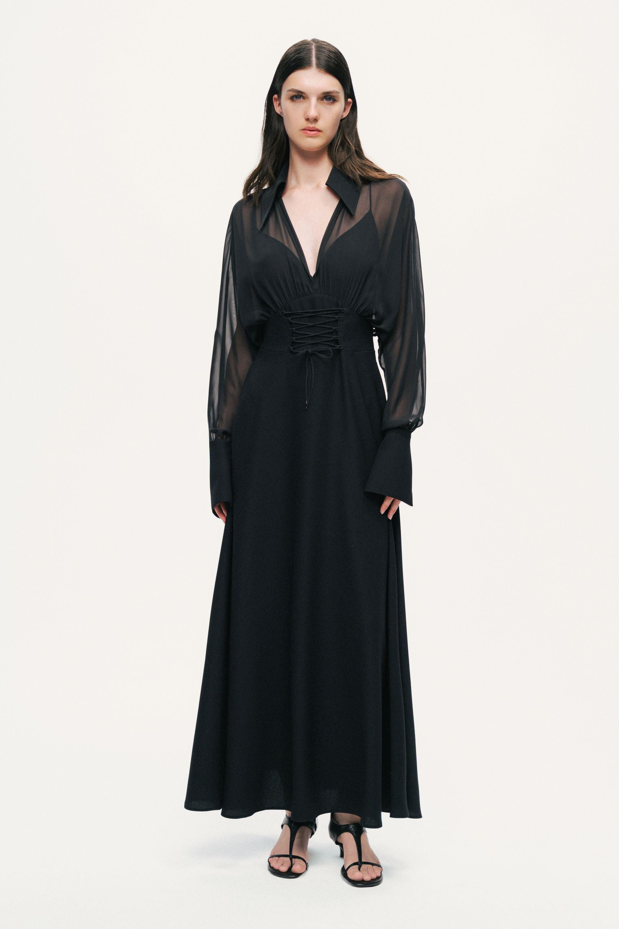 Sheer Lace-Up Waist Maxi Shirt Dress