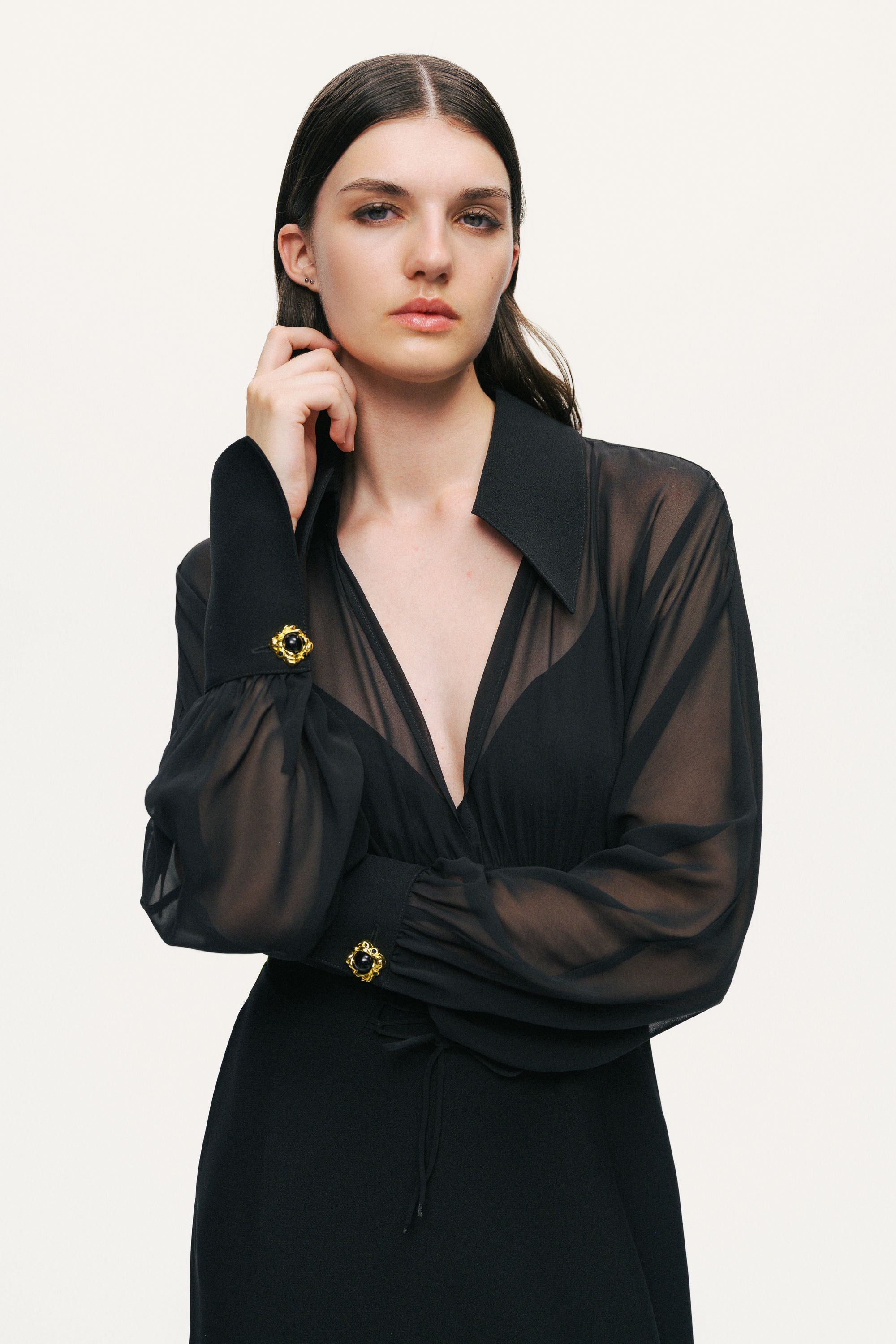 Sheer Lace-Up Waist Maxi Shirt Dress