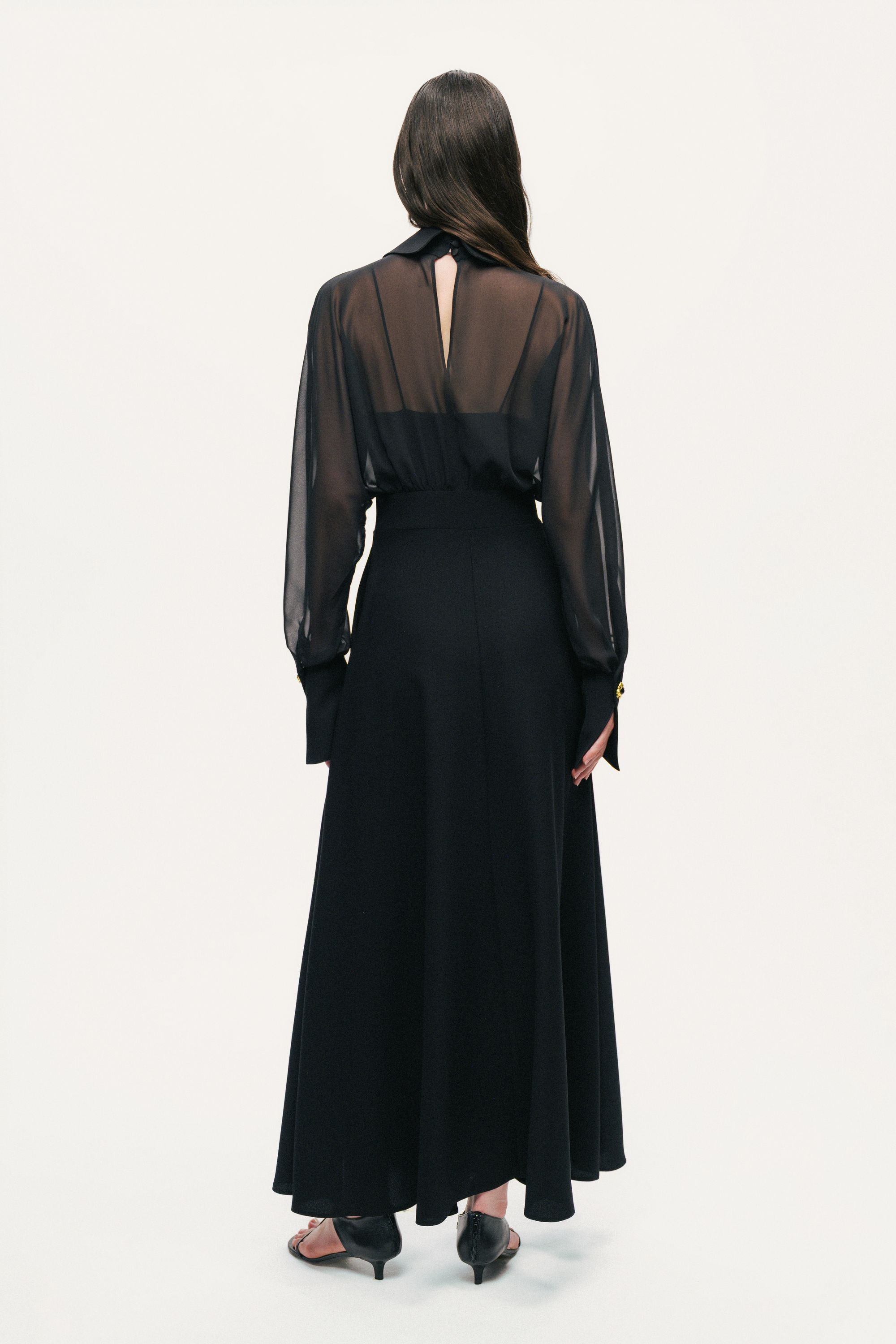 Sheer Lace-Up Waist Maxi Shirt Dress