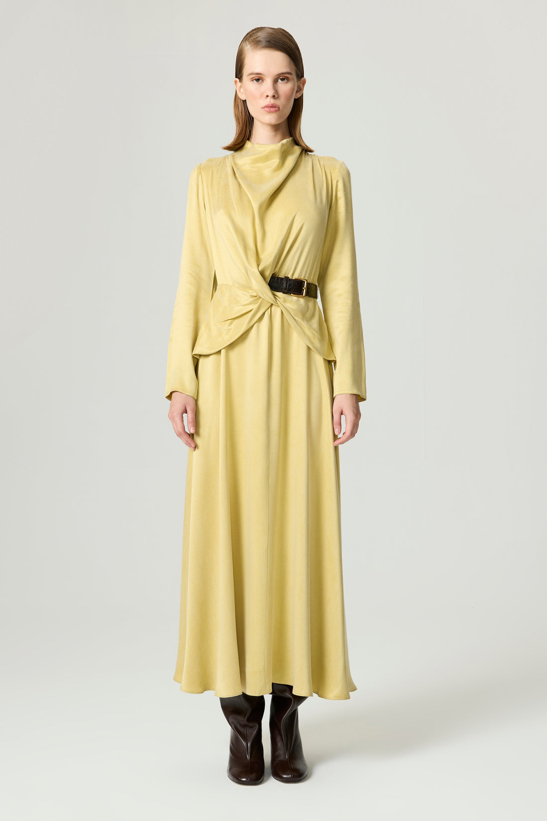 Draped Belted Long-Sleeve Maxi Dress
