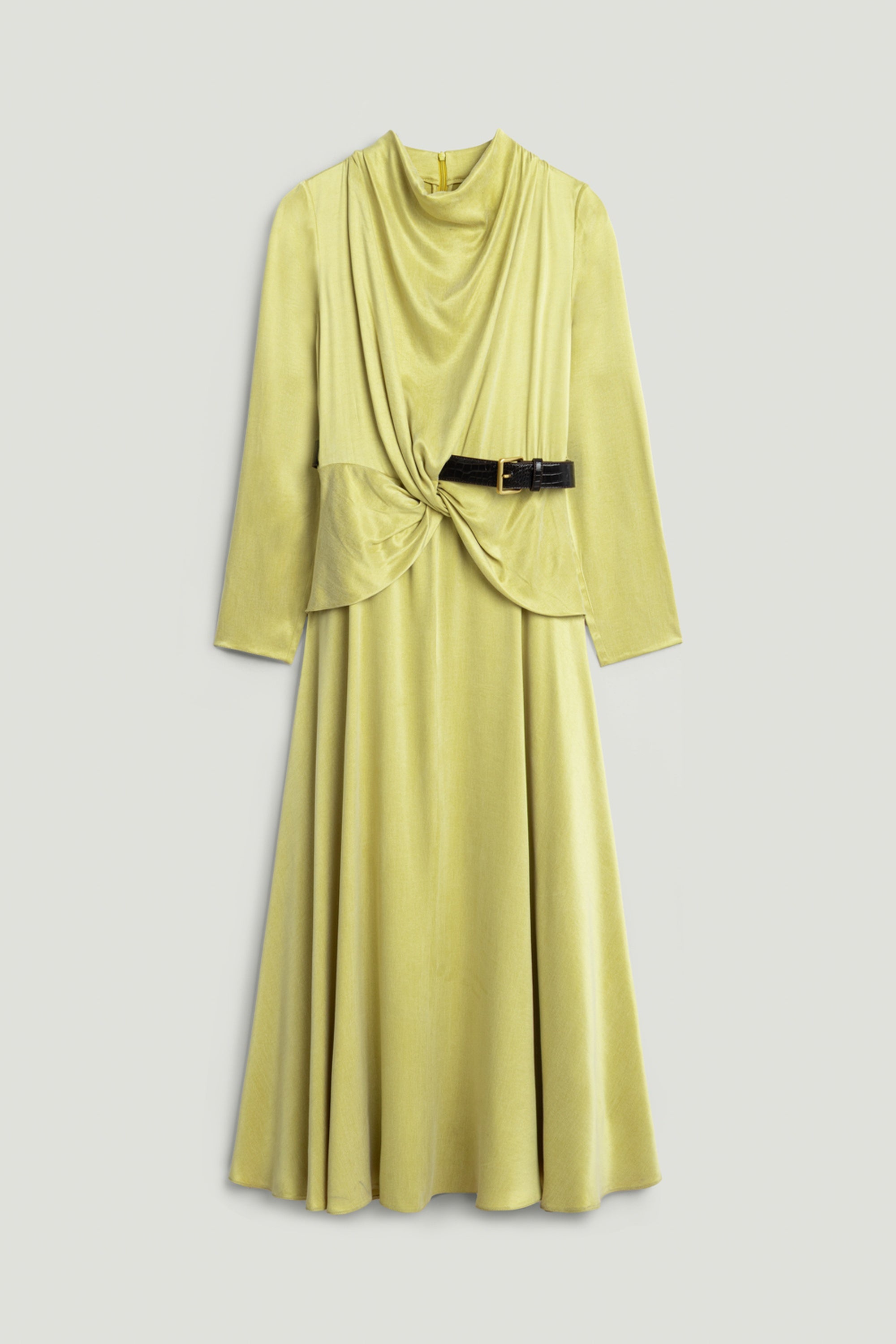 Draped Belted Long-Sleeve Maxi Dress