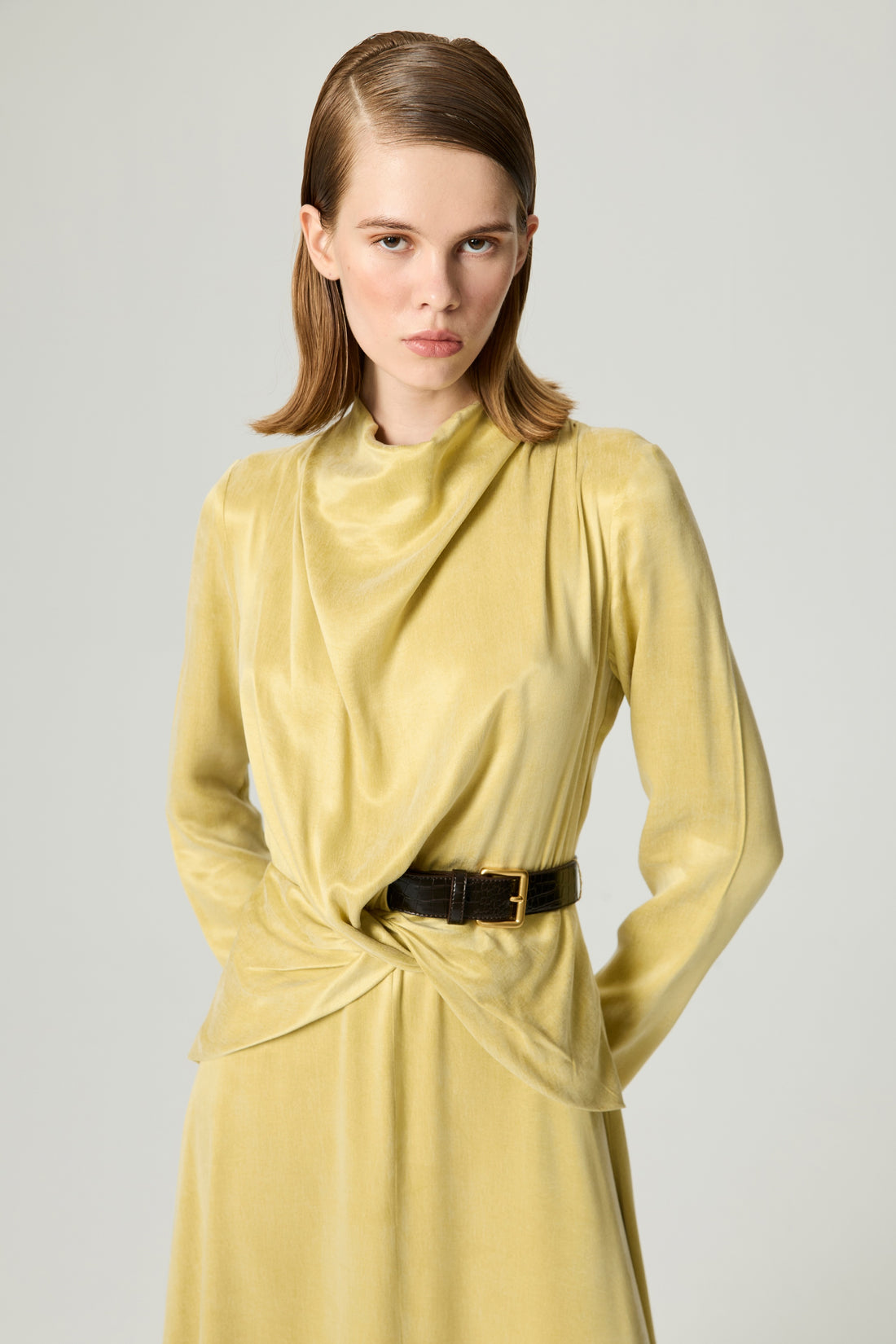 Draped Belted Long-Sleeve Maxi Dress