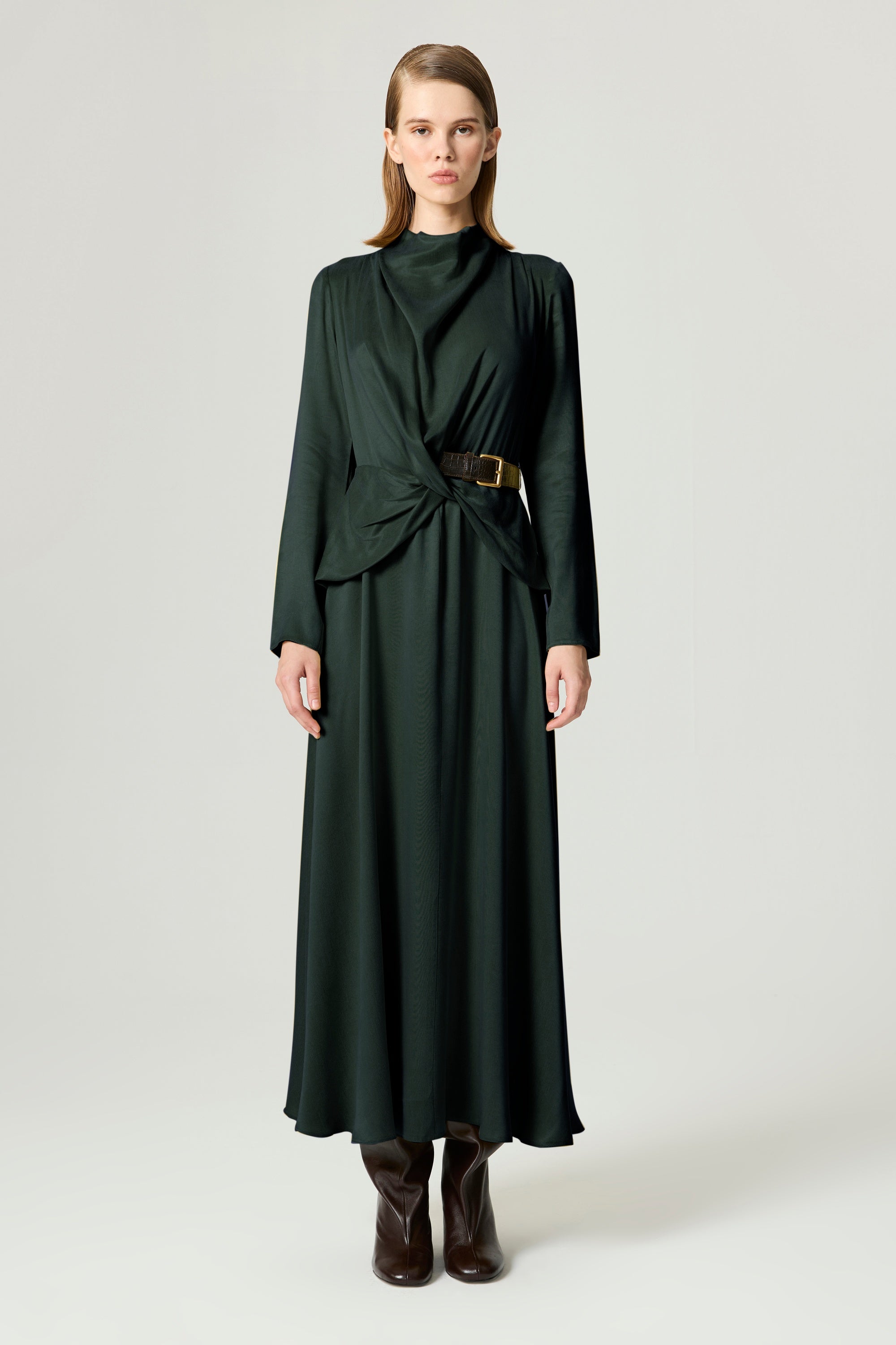 Draped Belted Long-Sleeve Maxi Dress