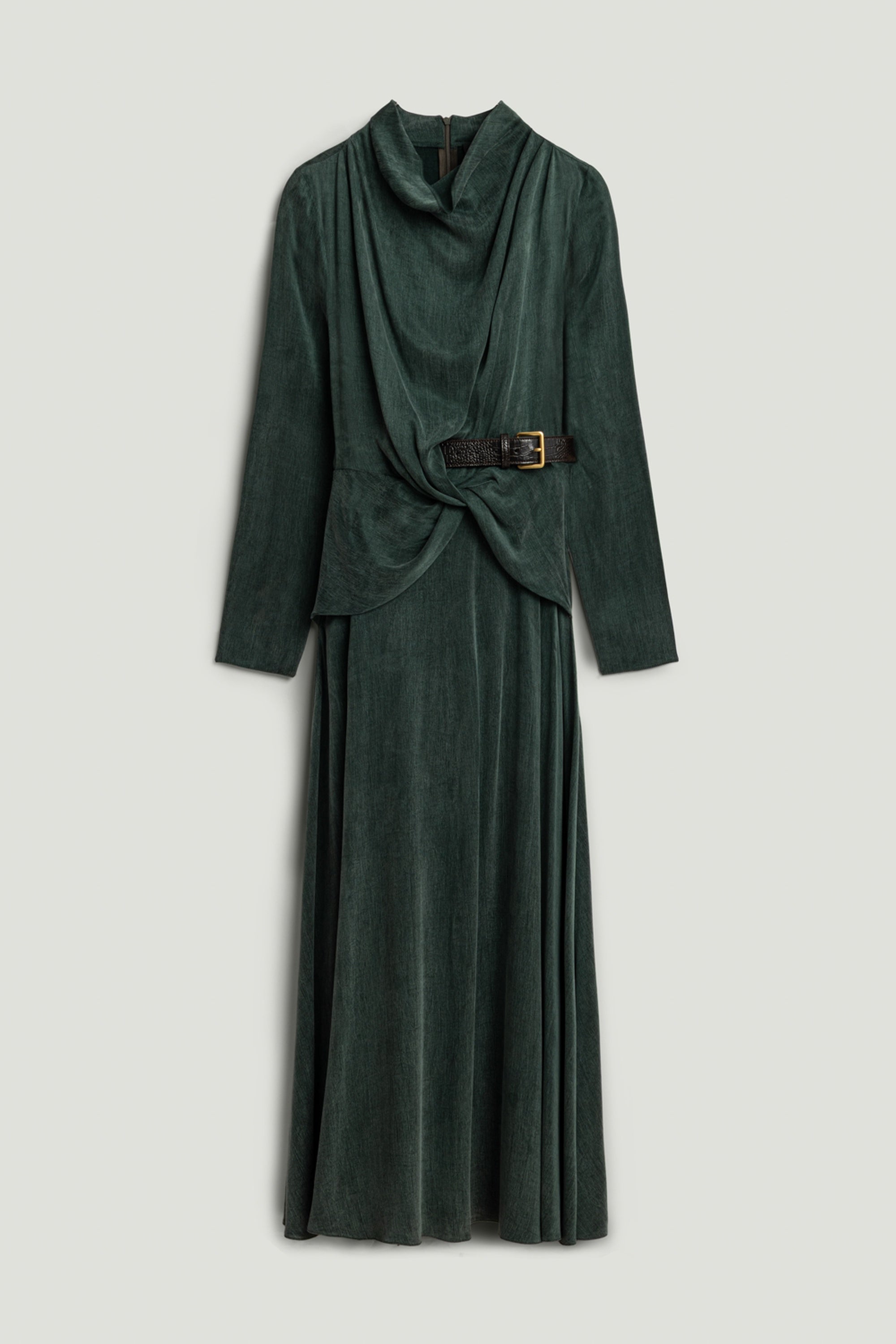 Draped Belted Long-Sleeve Maxi Dress