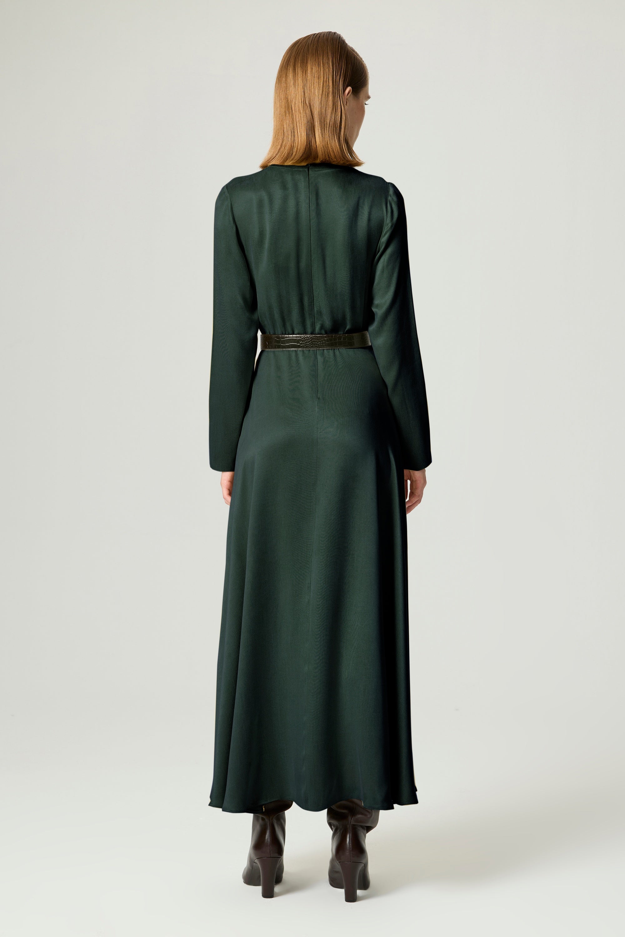 Draped Belted Long-Sleeve Maxi Dress