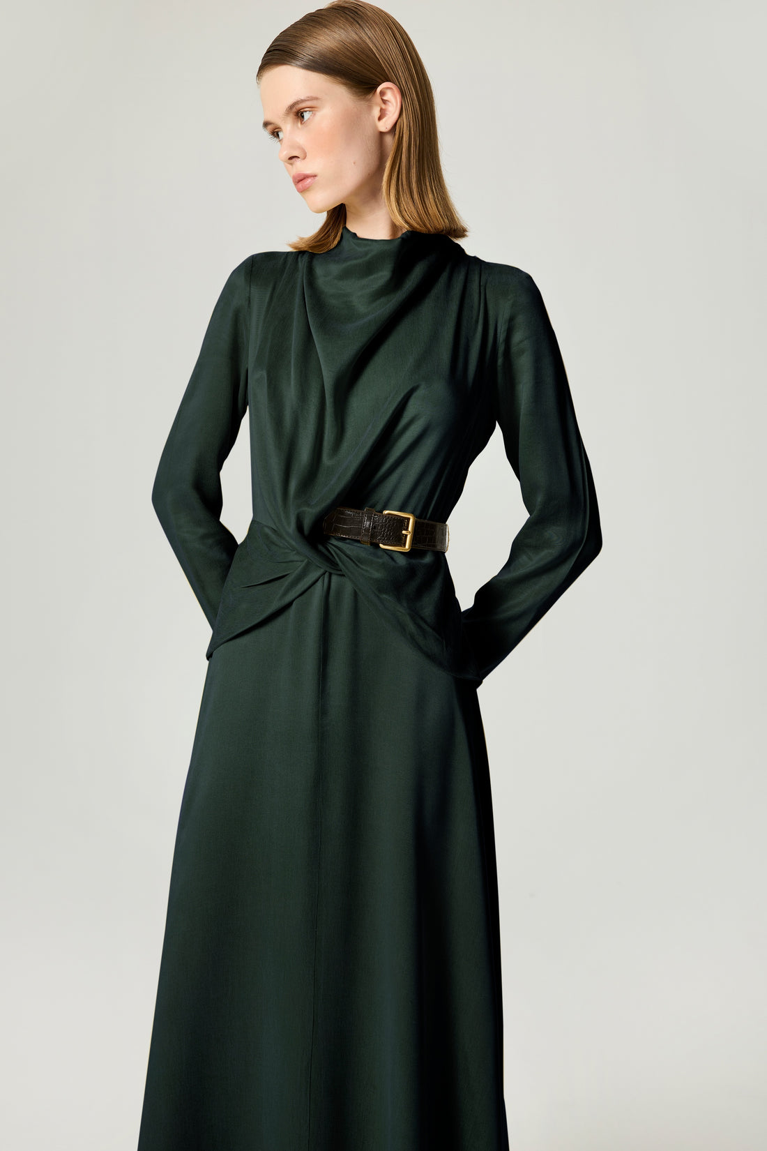 Draped Belted Long-Sleeve Maxi Dress