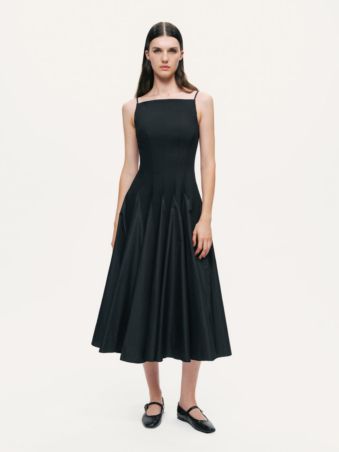 Square-Neck Pleated Midi Dress