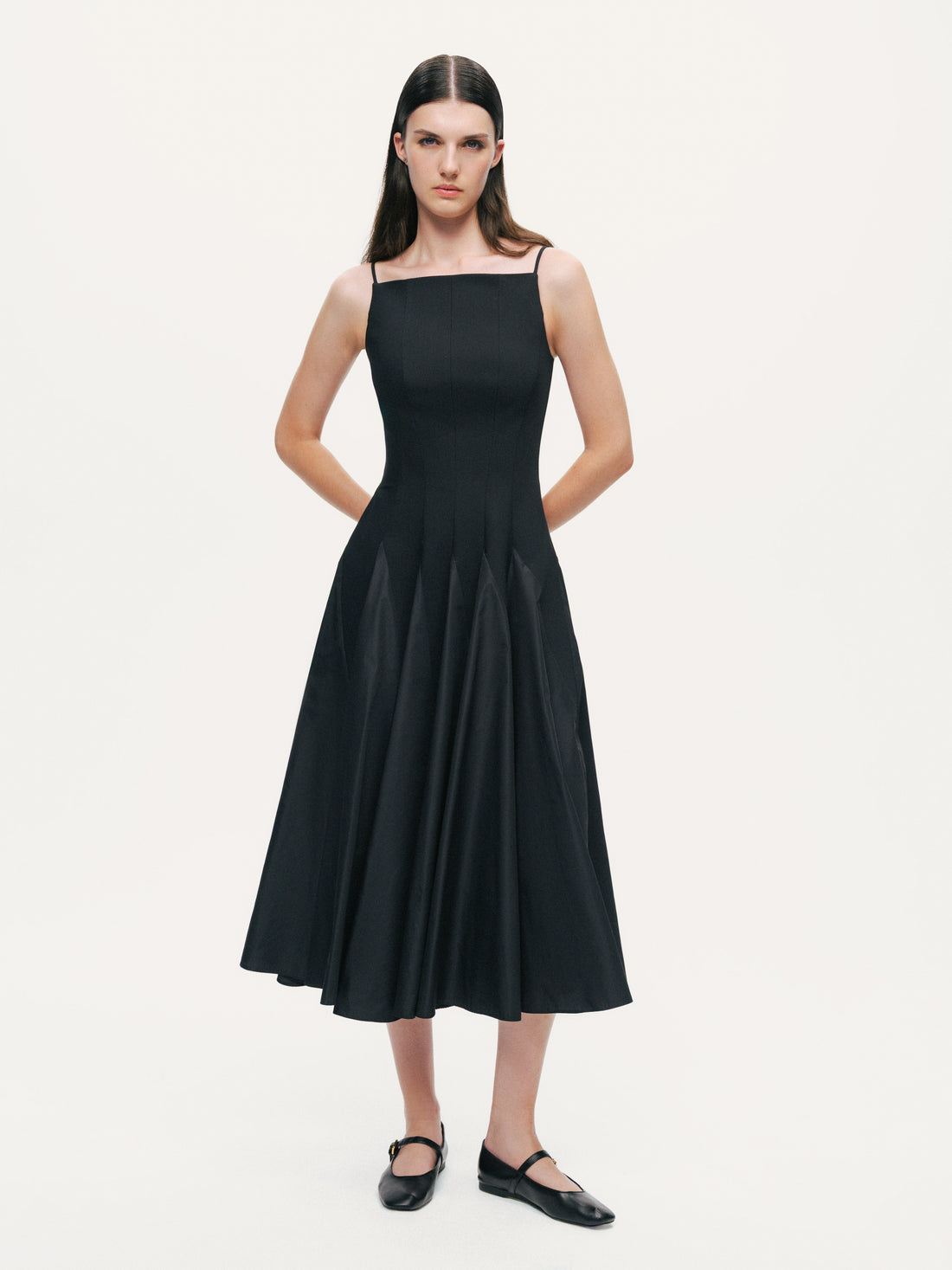 Square-Neck Pleated Midi Dress