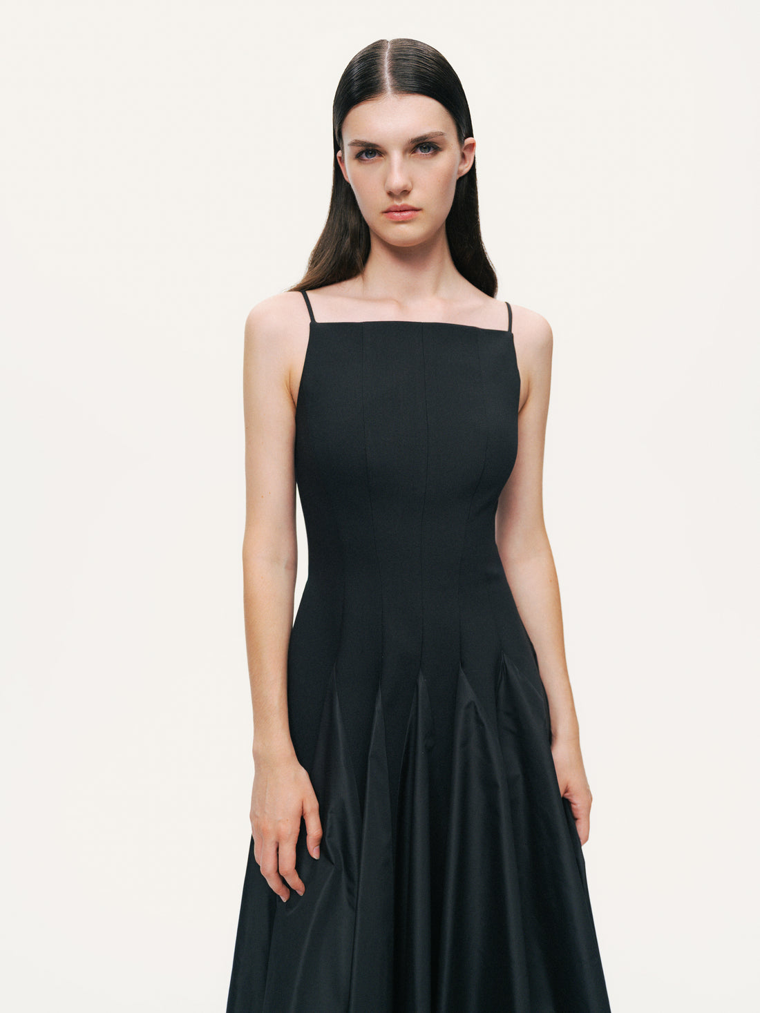 Square-Neck Pleated Midi Dress