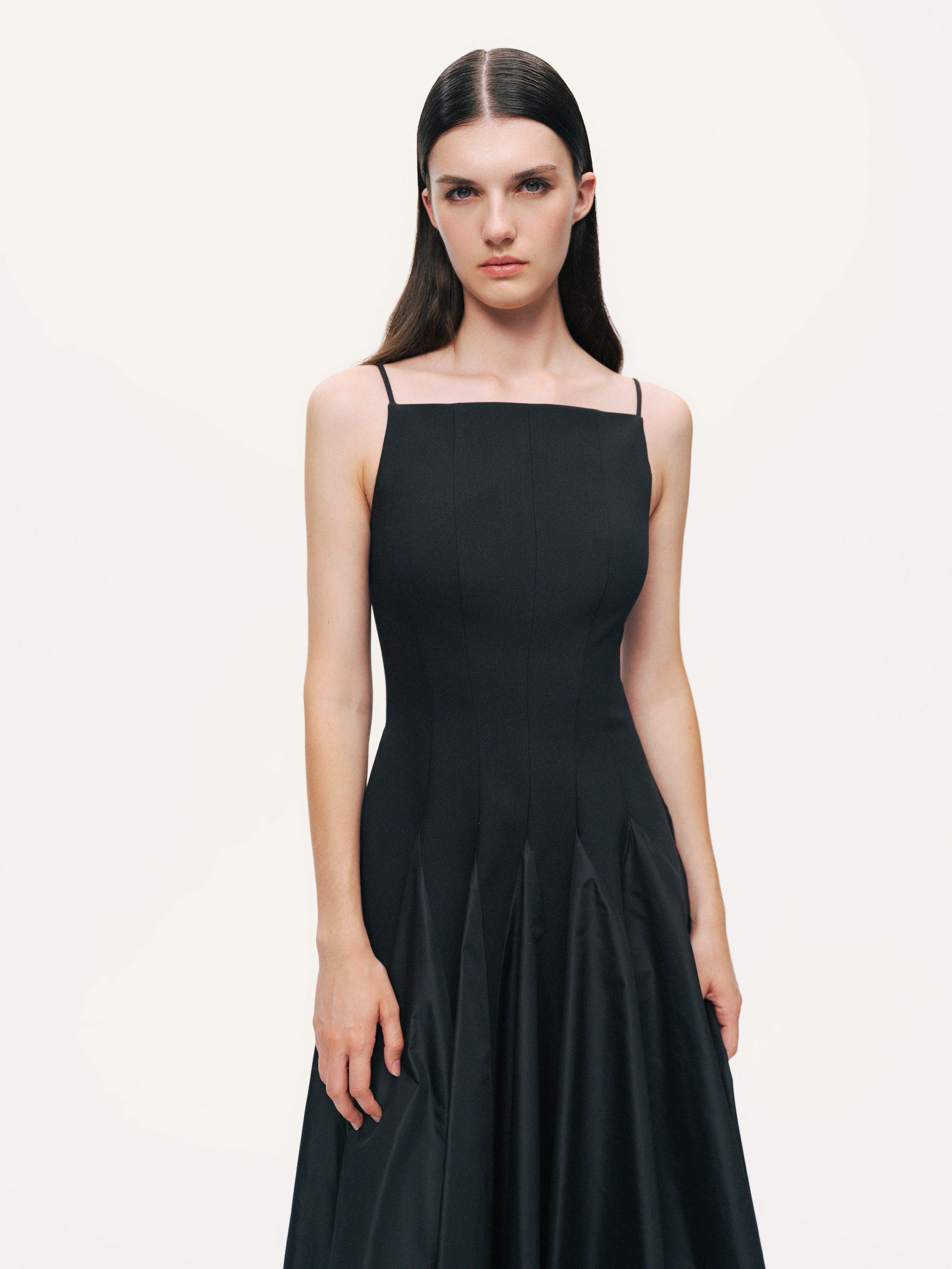 Square-Neck Pleated Midi Dress