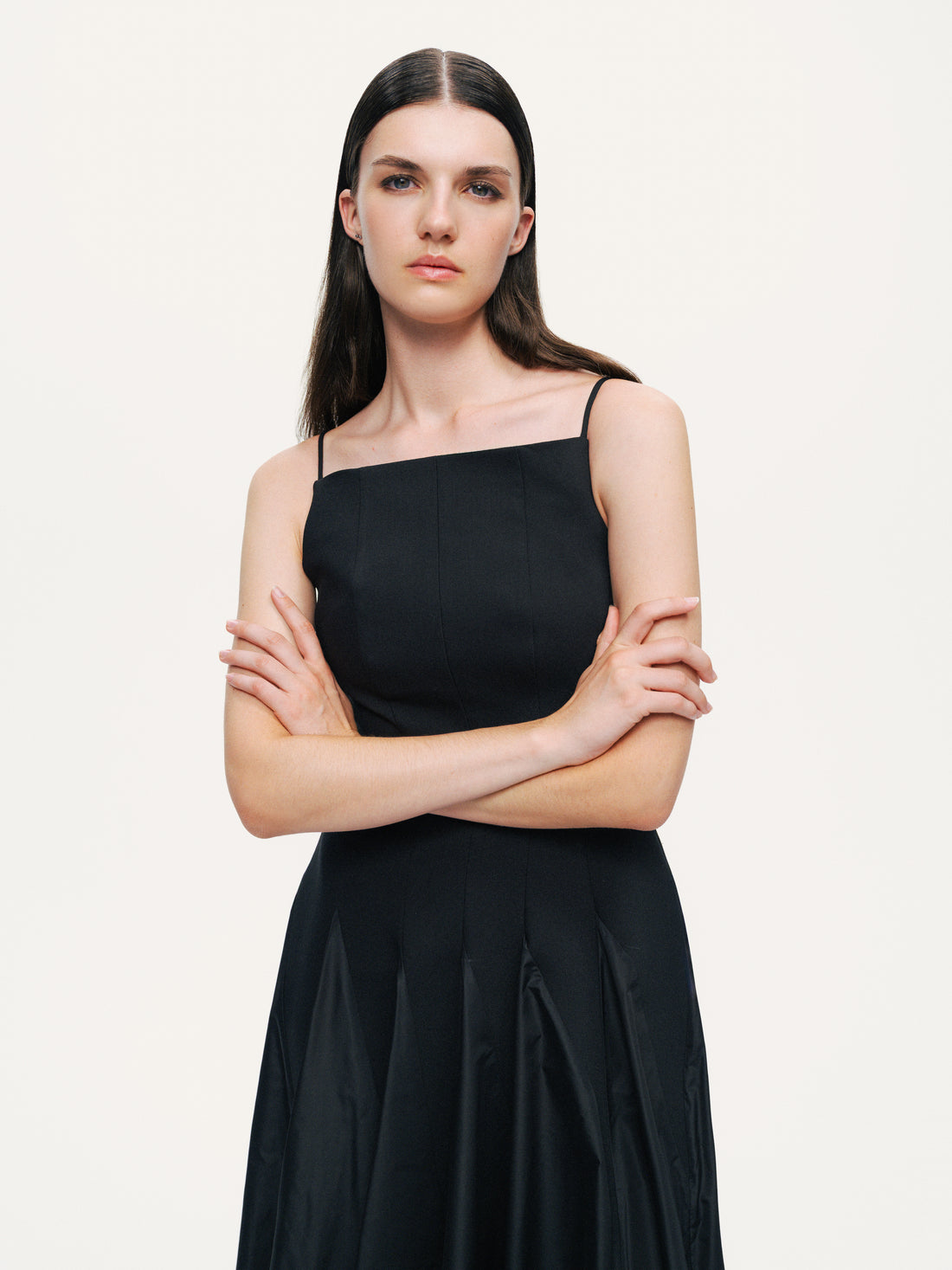 Square-Neck Pleated Midi Dress