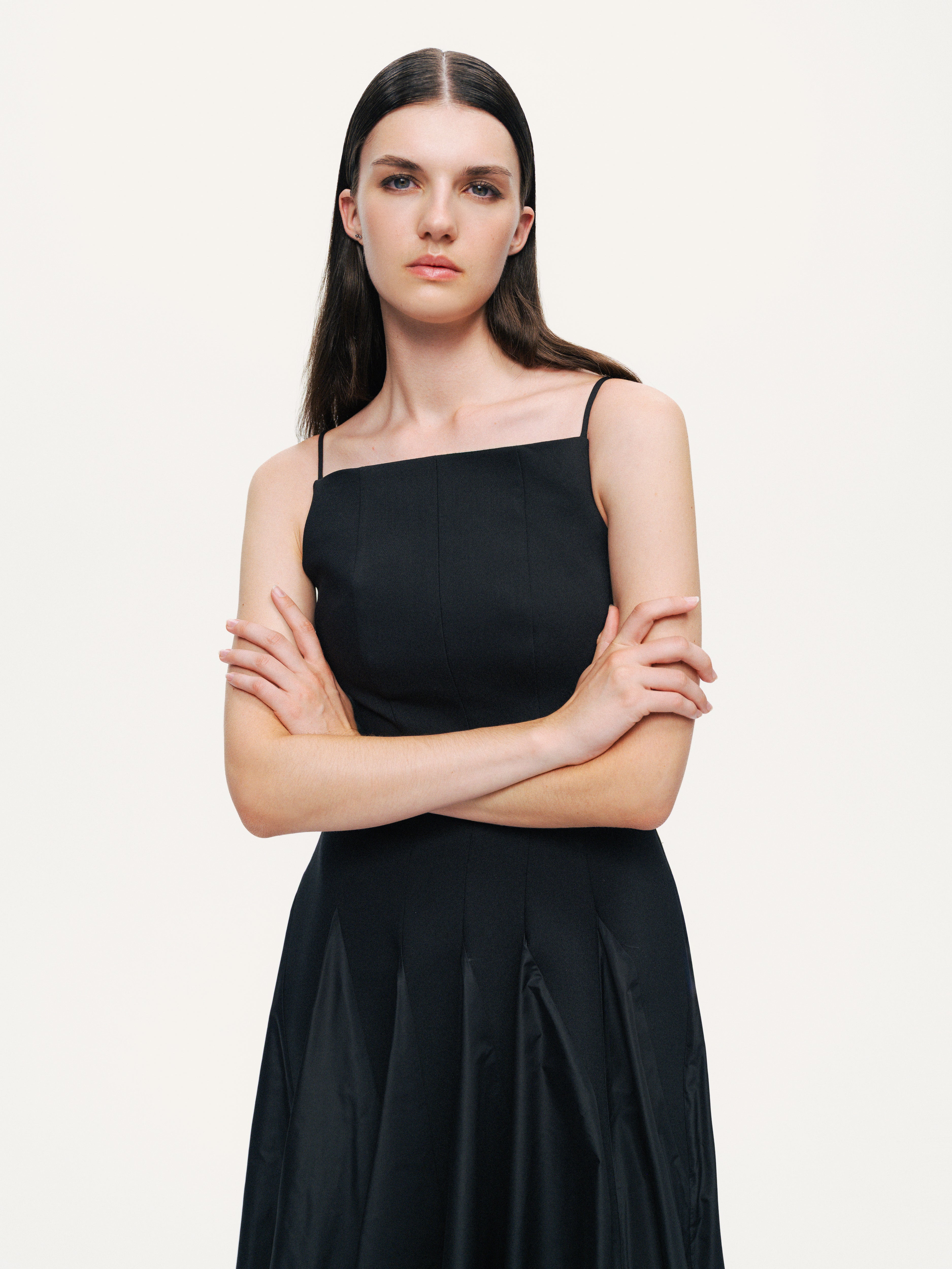 Square-Neck Pleated Midi Dress