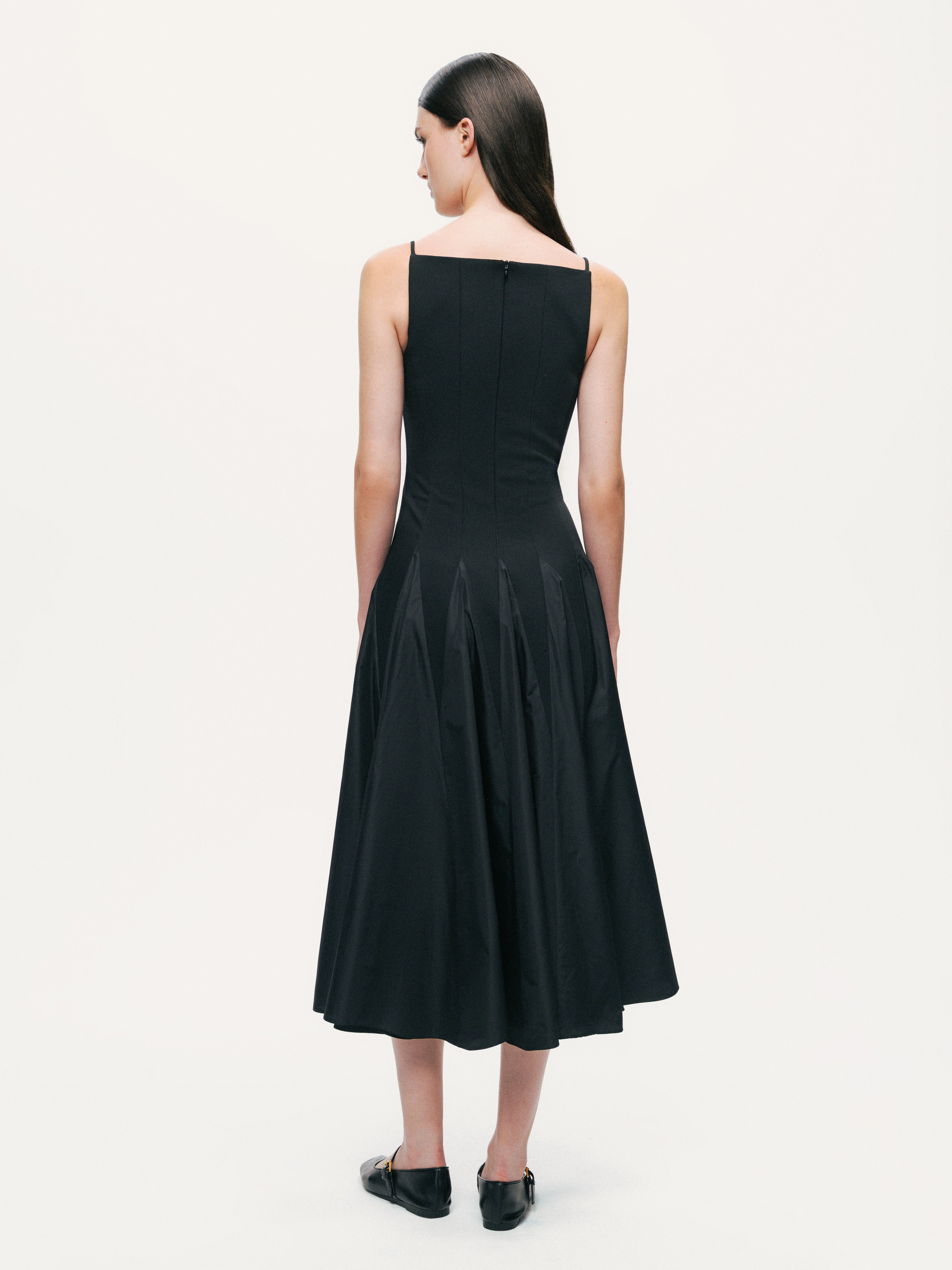 Square-Neck Pleated Midi Dress
