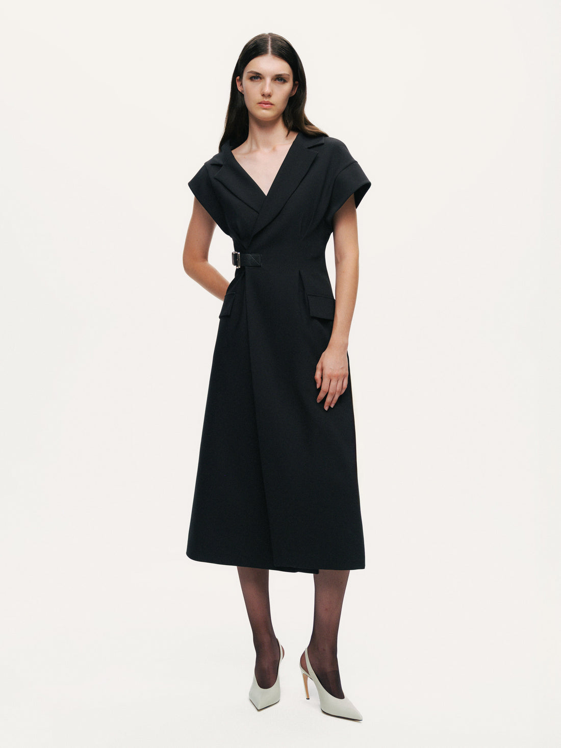 Tailored Buckle-Wrap Midi Dress