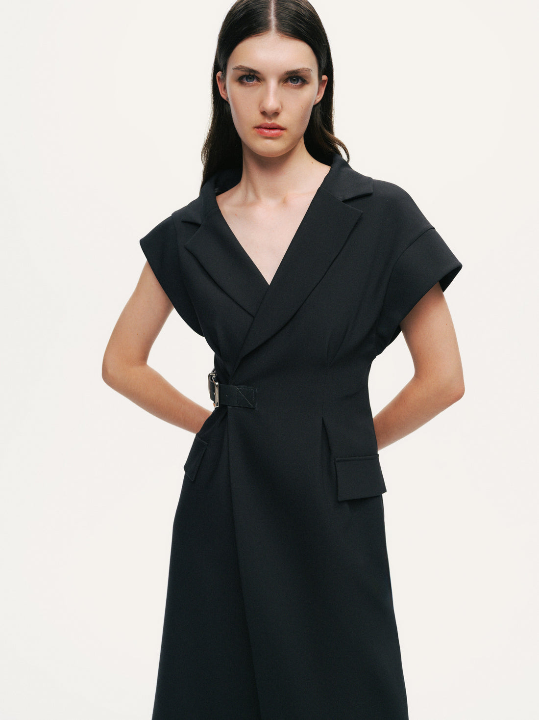 Tailored Buckle-Wrap Midi Dress