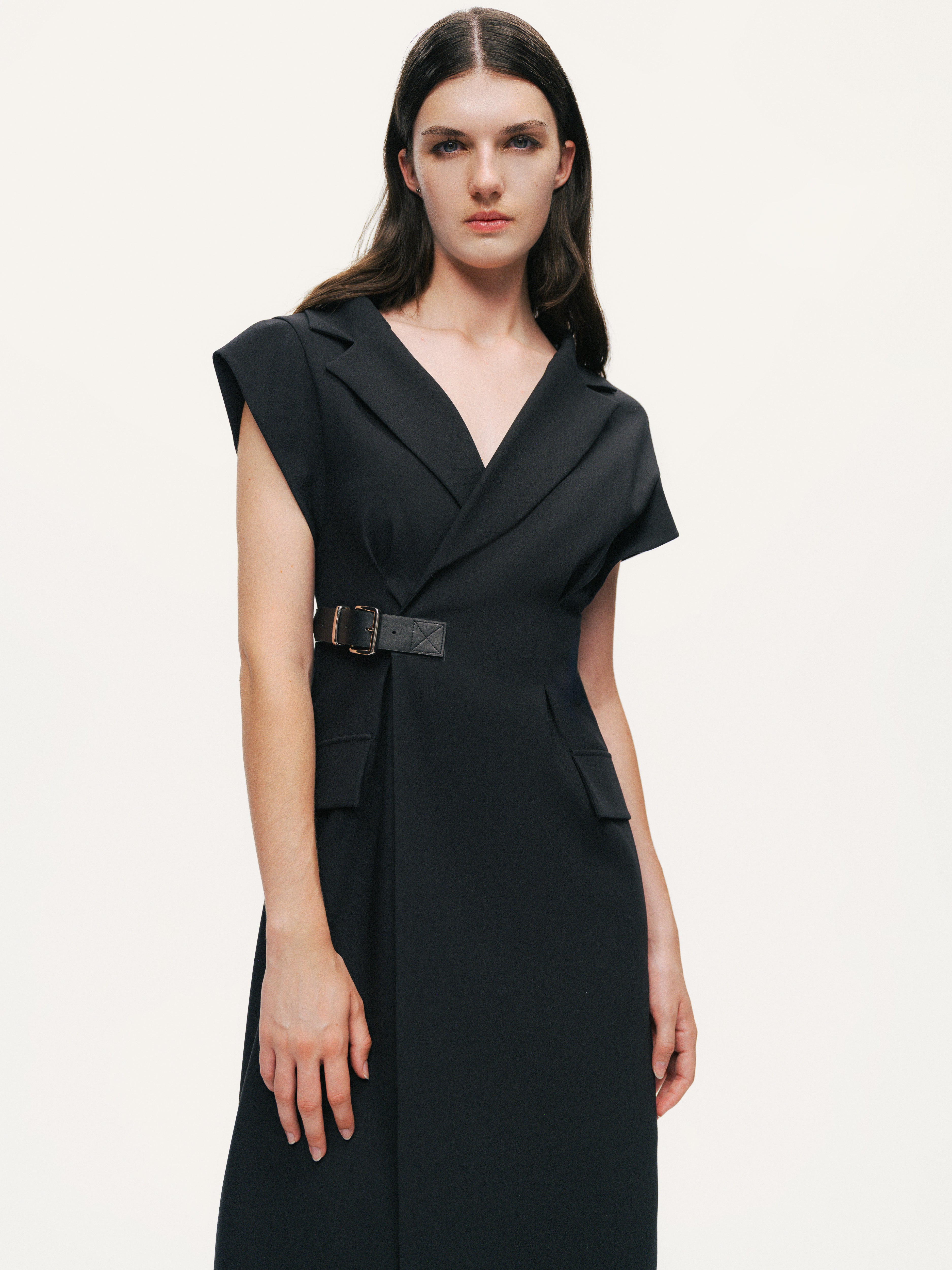 Tailored Buckle-Wrap Midi Dress