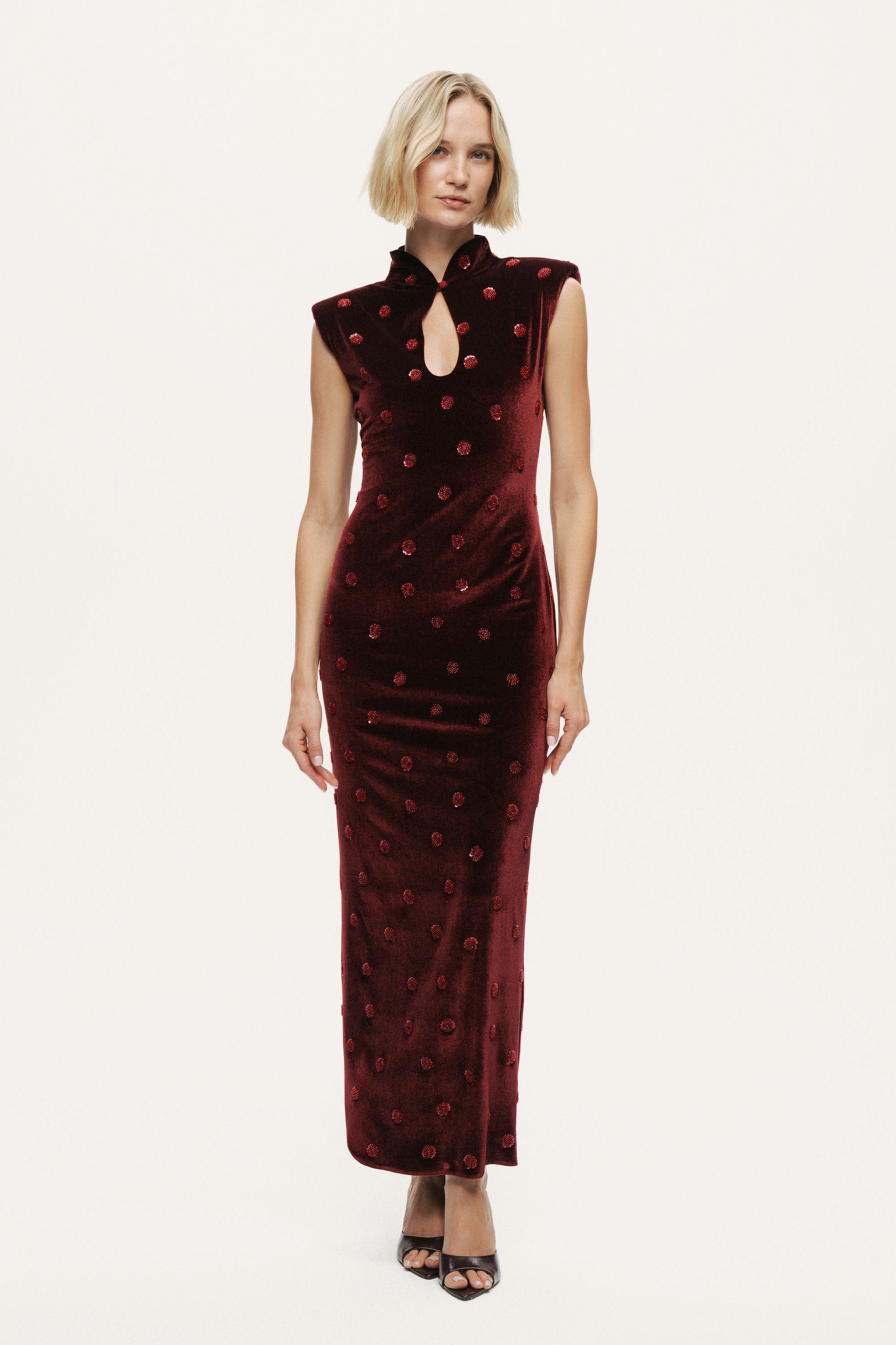 Mandarin-Collar Velvet Midi Dress