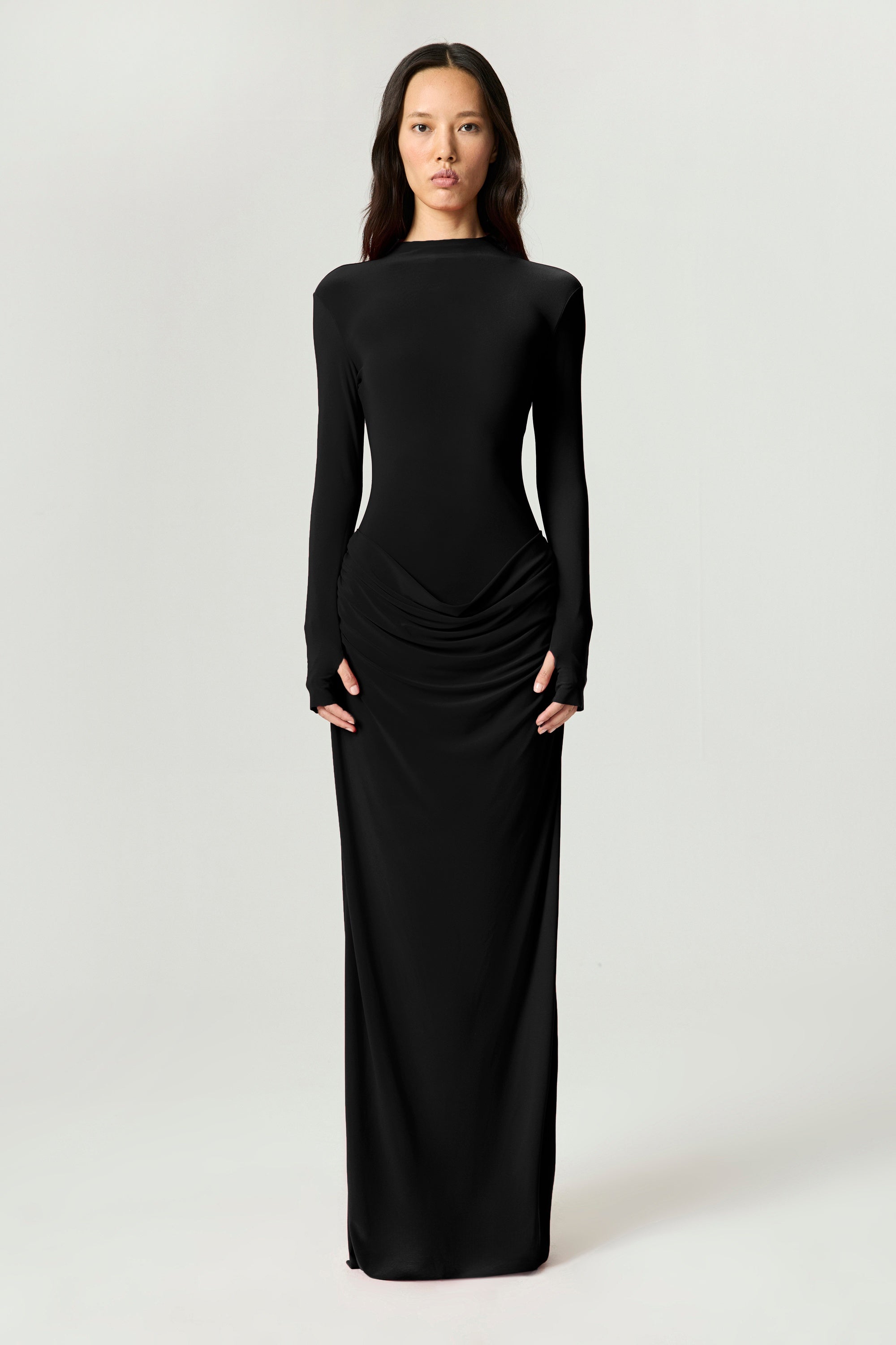 High-Neck Sculpted Ruched Maxi Dress