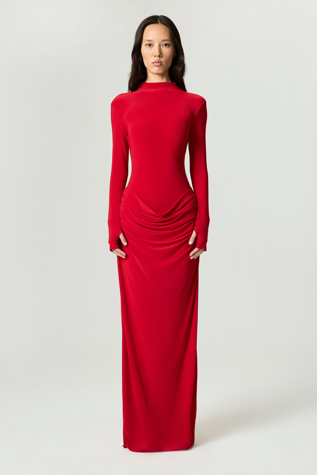 Red High-Neck Ruched Maxi Dress