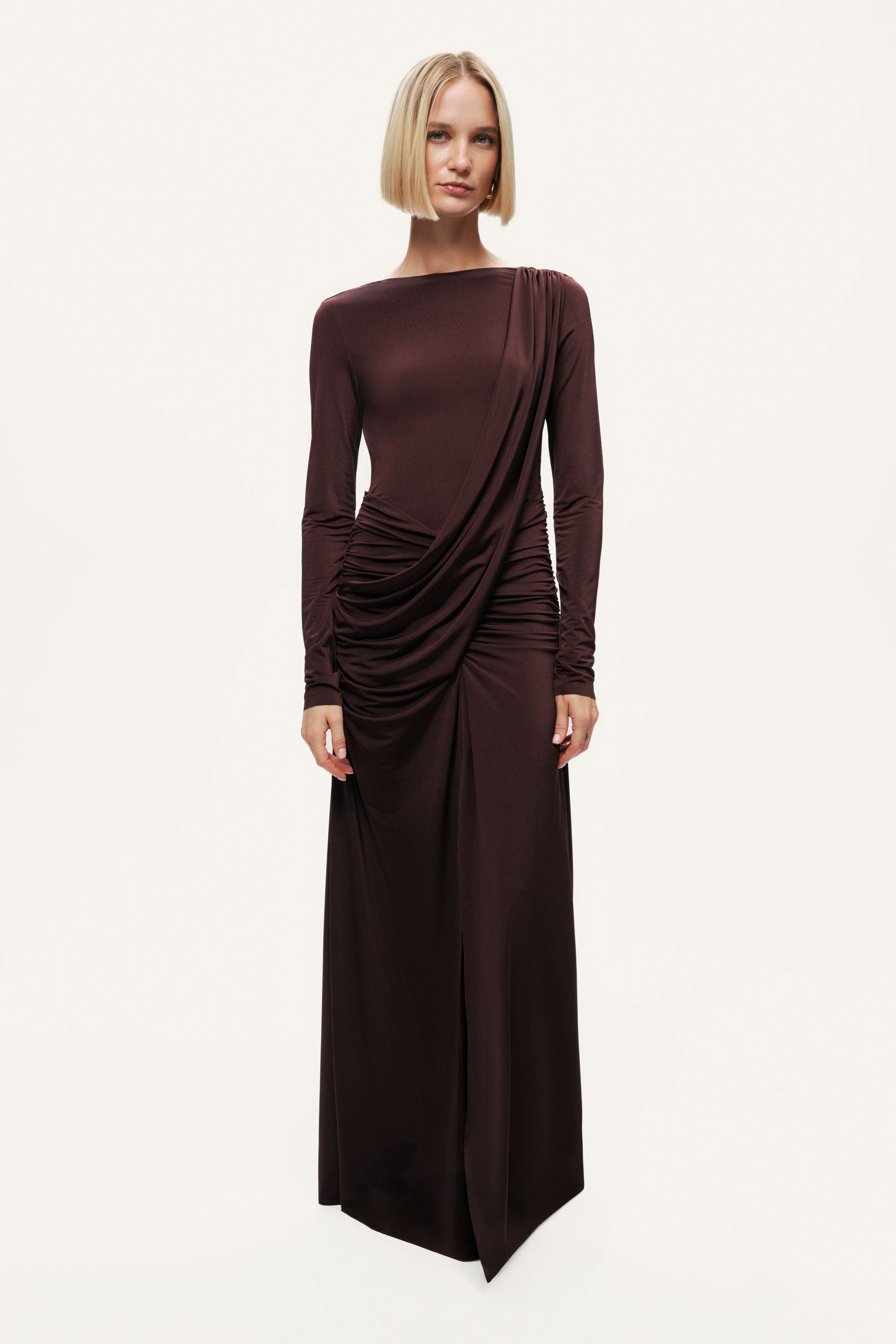 Asymmetric Draped Open-Back Dress