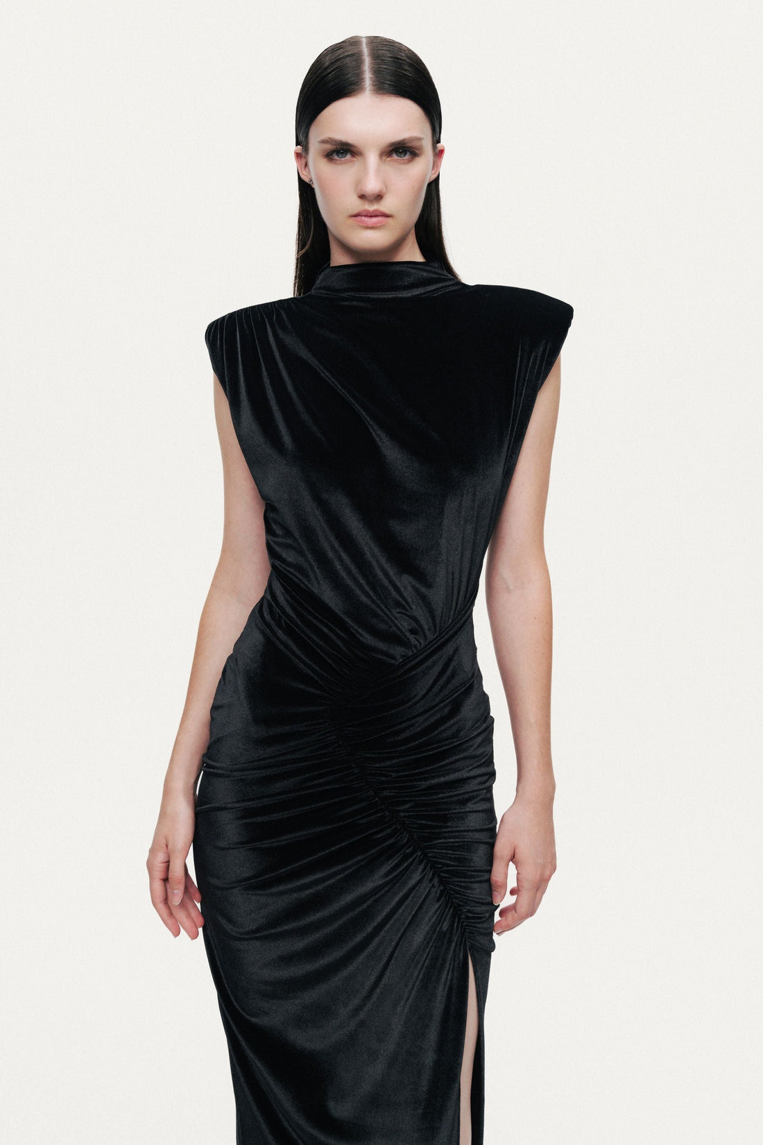 High-Neck Ruched Midi Dress