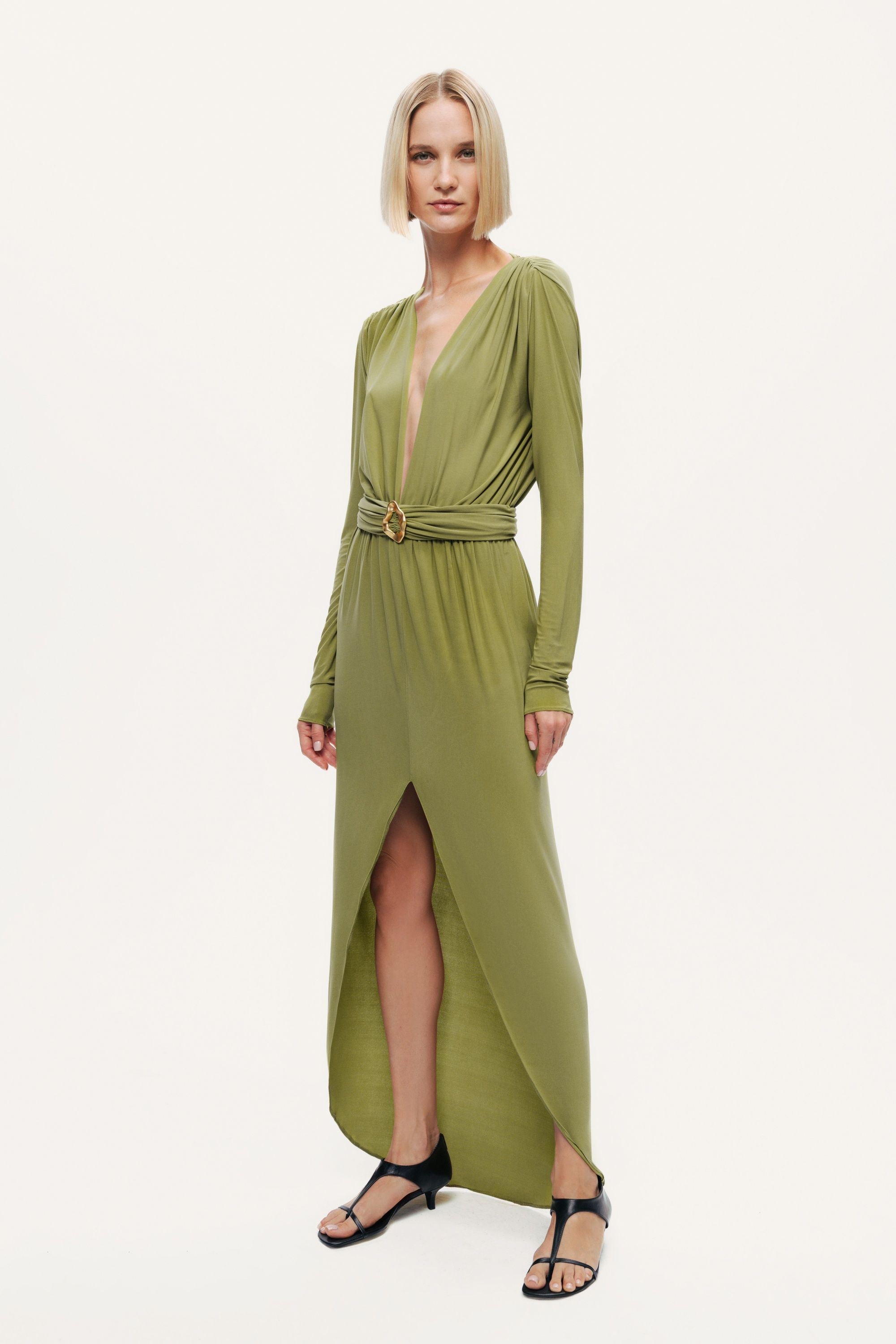 Deep Plunge Belted Jersey Maxi Dress