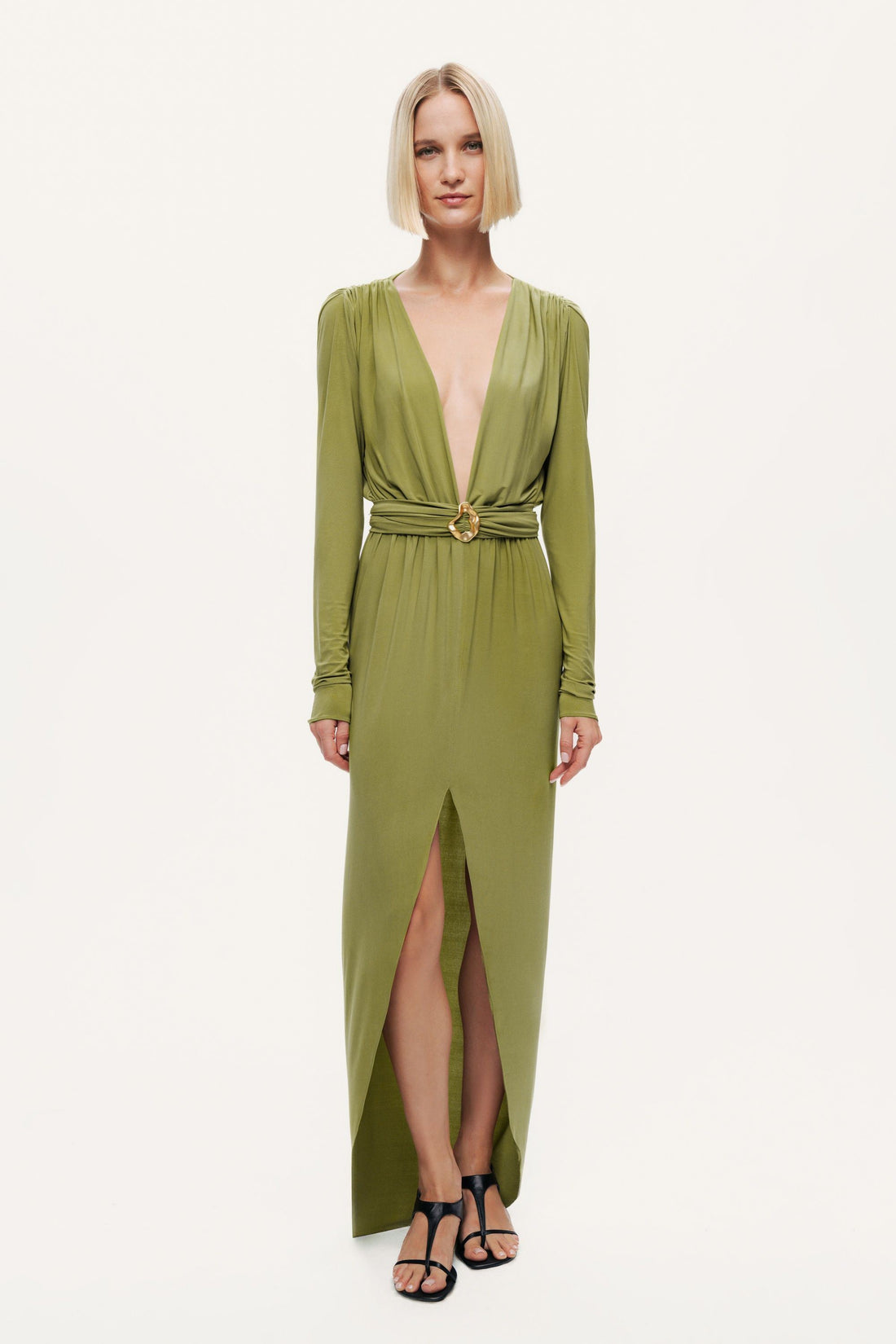 Deep Plunge Belted Jersey Maxi Dress