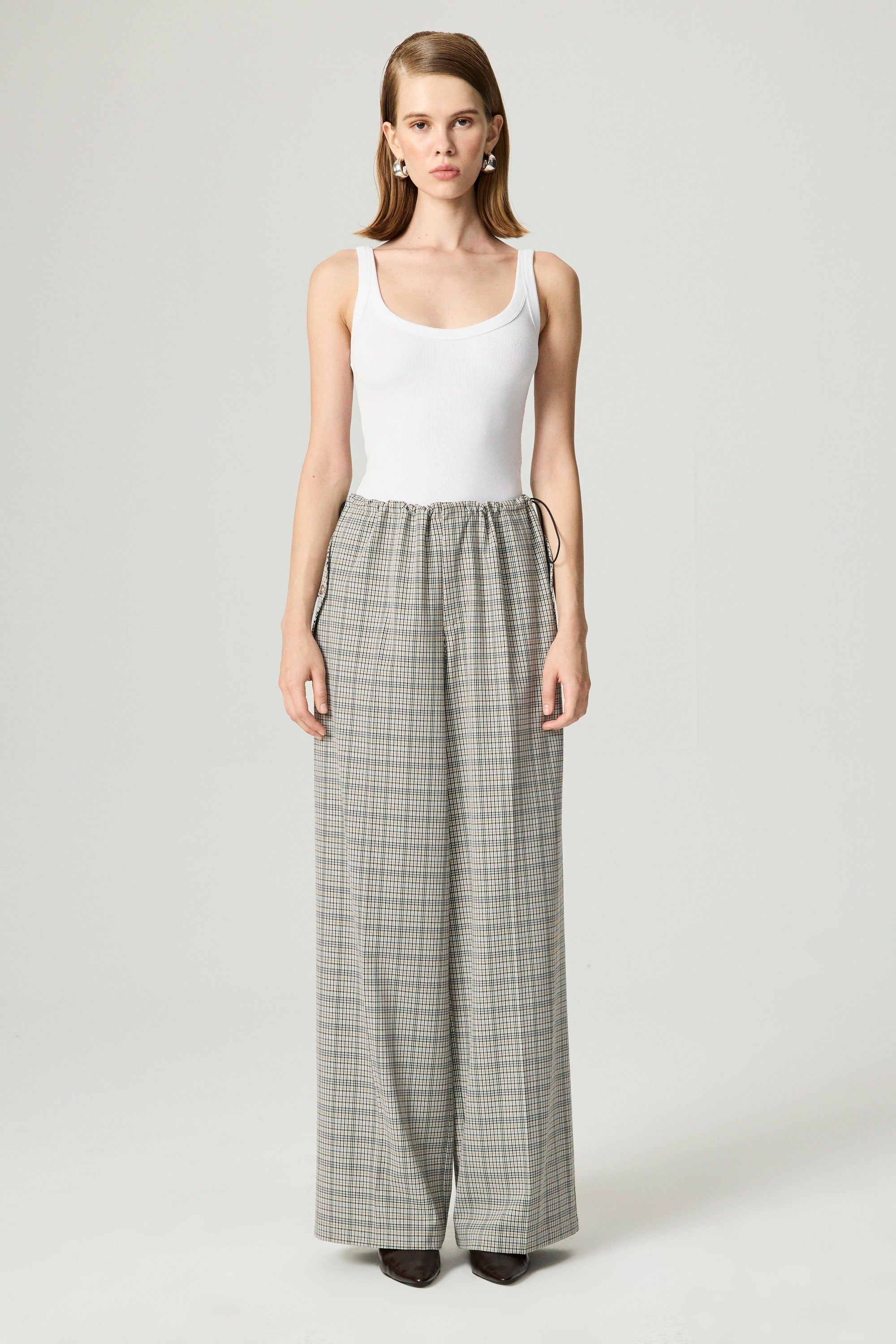 Plaid Wide-Leg Drawstring Pants
