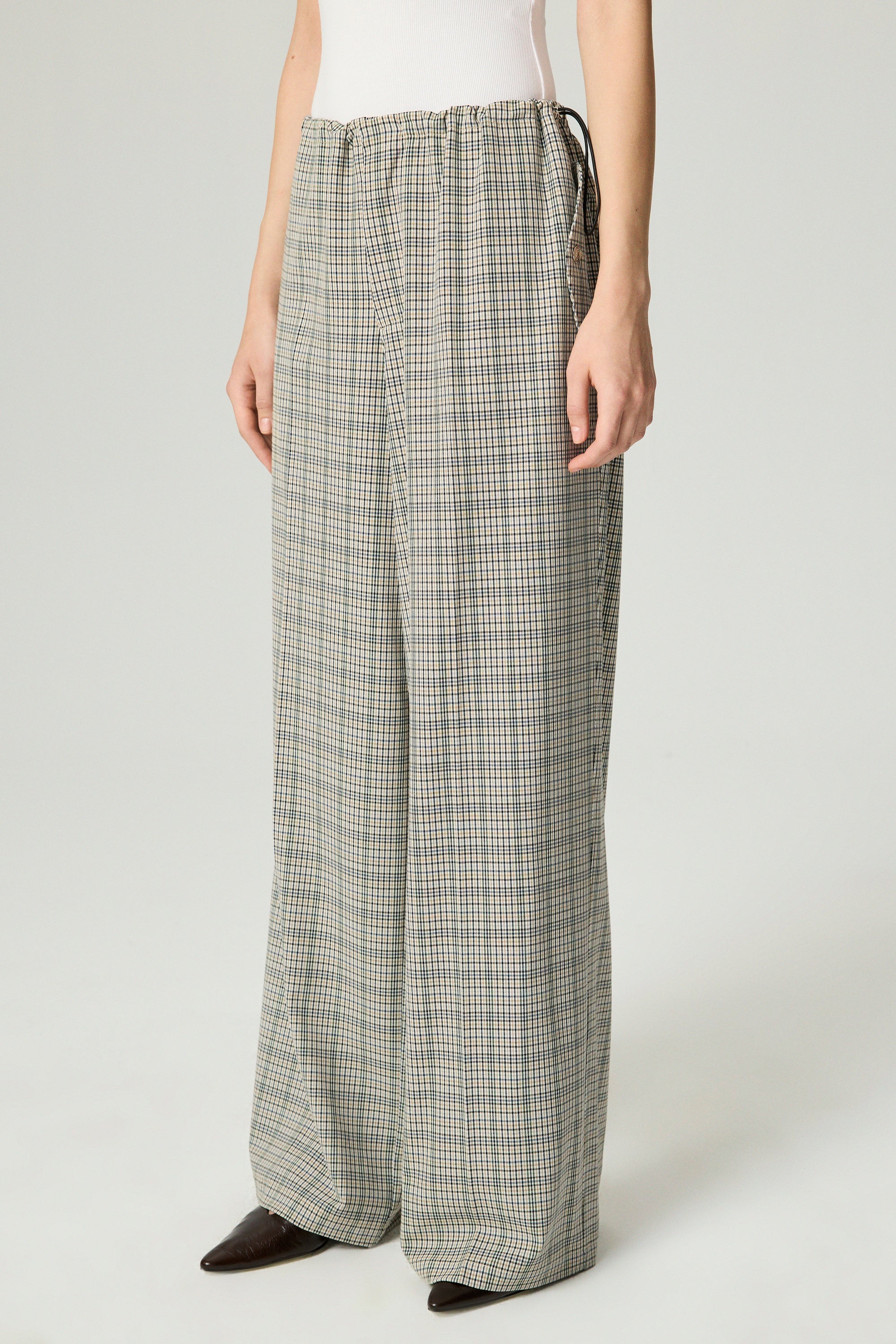 Plaid Wide-Leg Drawstring Pants