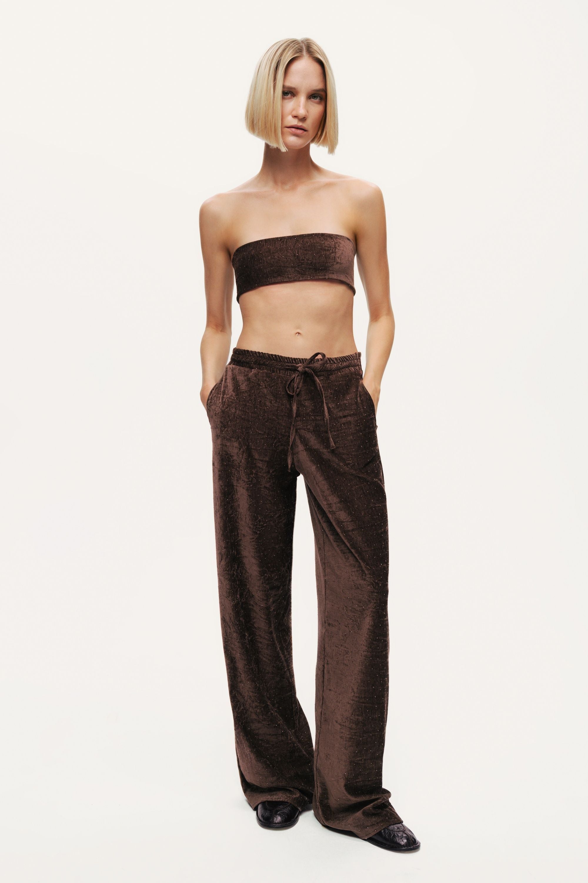Velour Drawstring Wide-Leg Pants