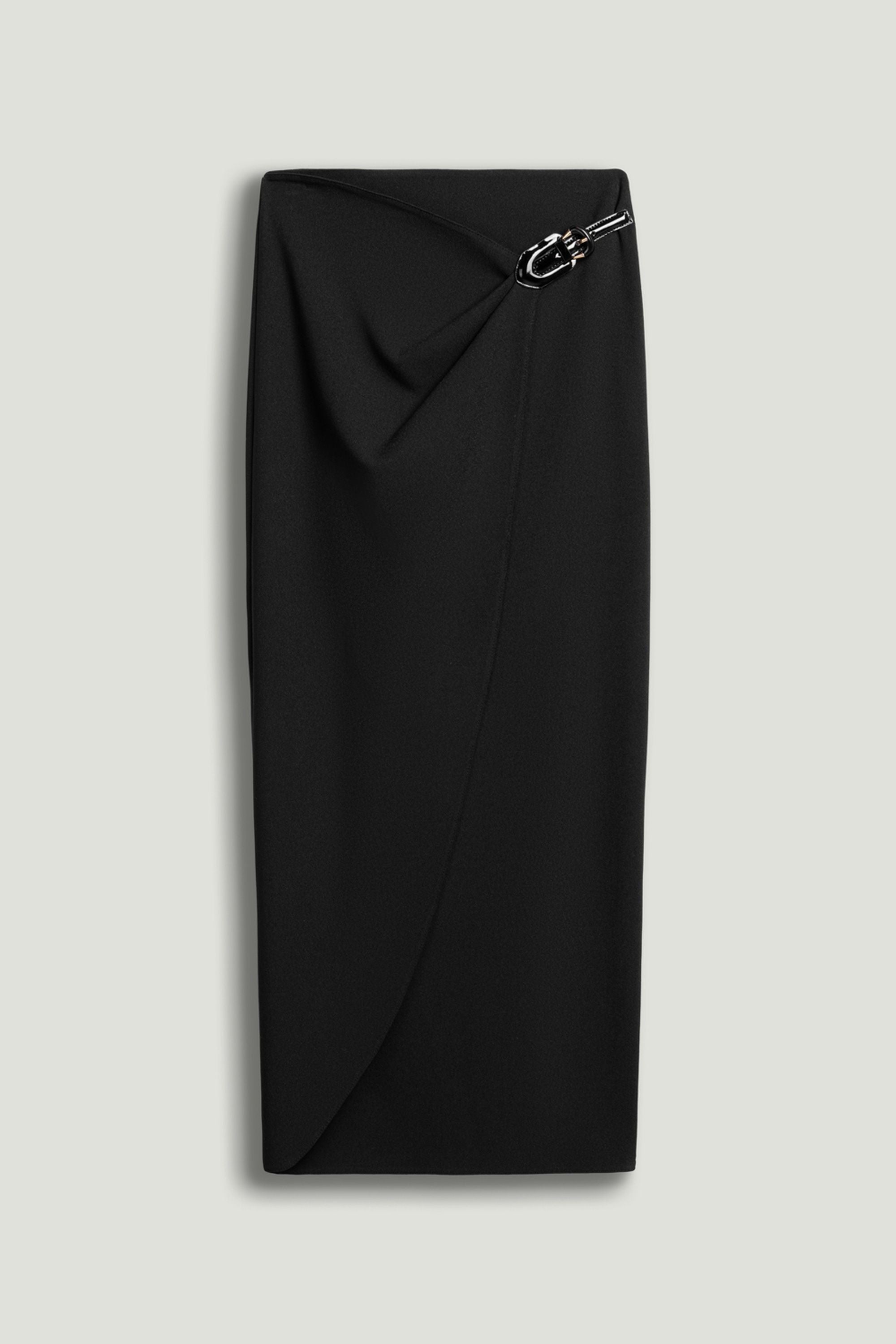 Ring-Buckle Asymmetric Wrap Maxi Skirt