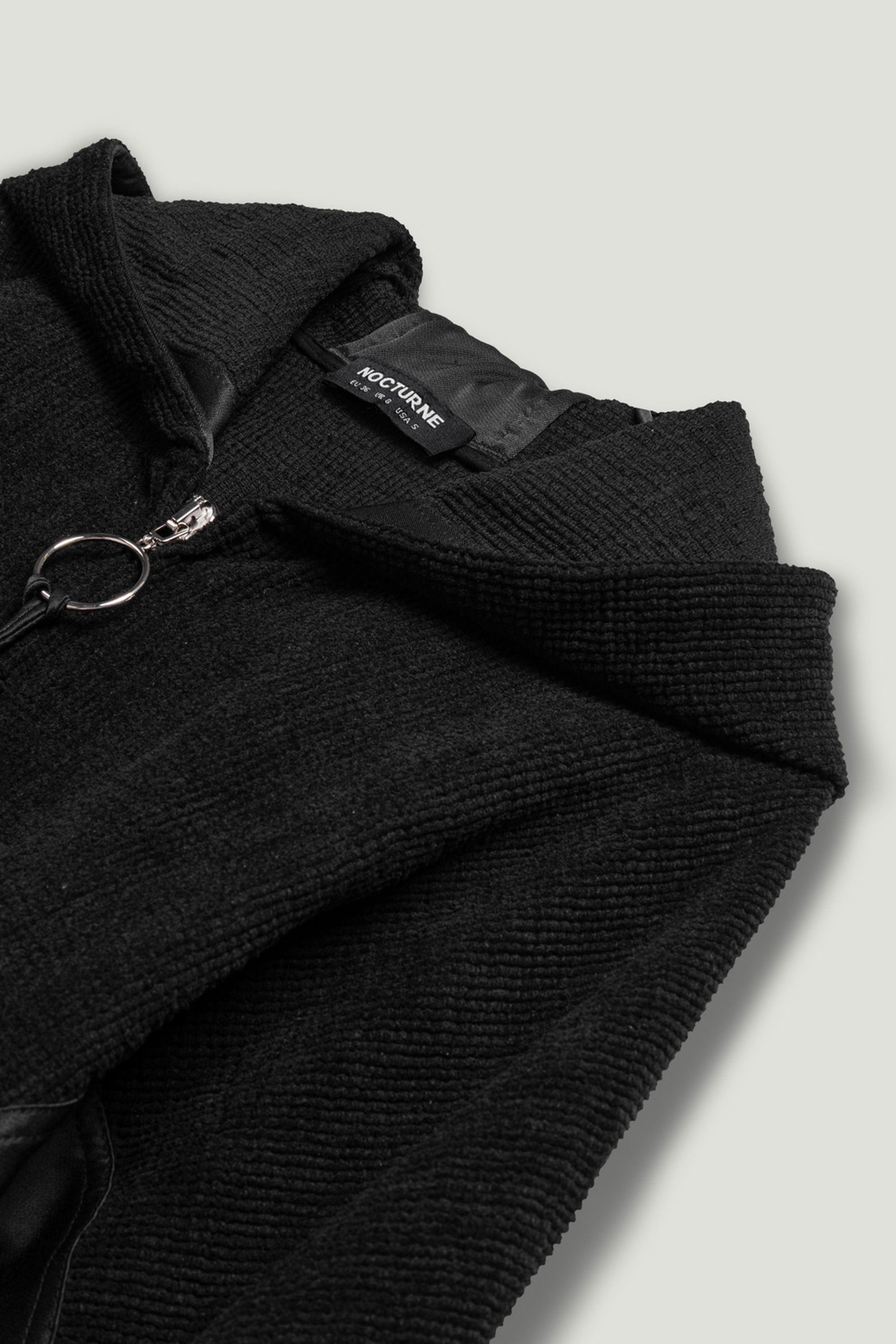 Black Ribbed Zip-Up Hoodie Jacket