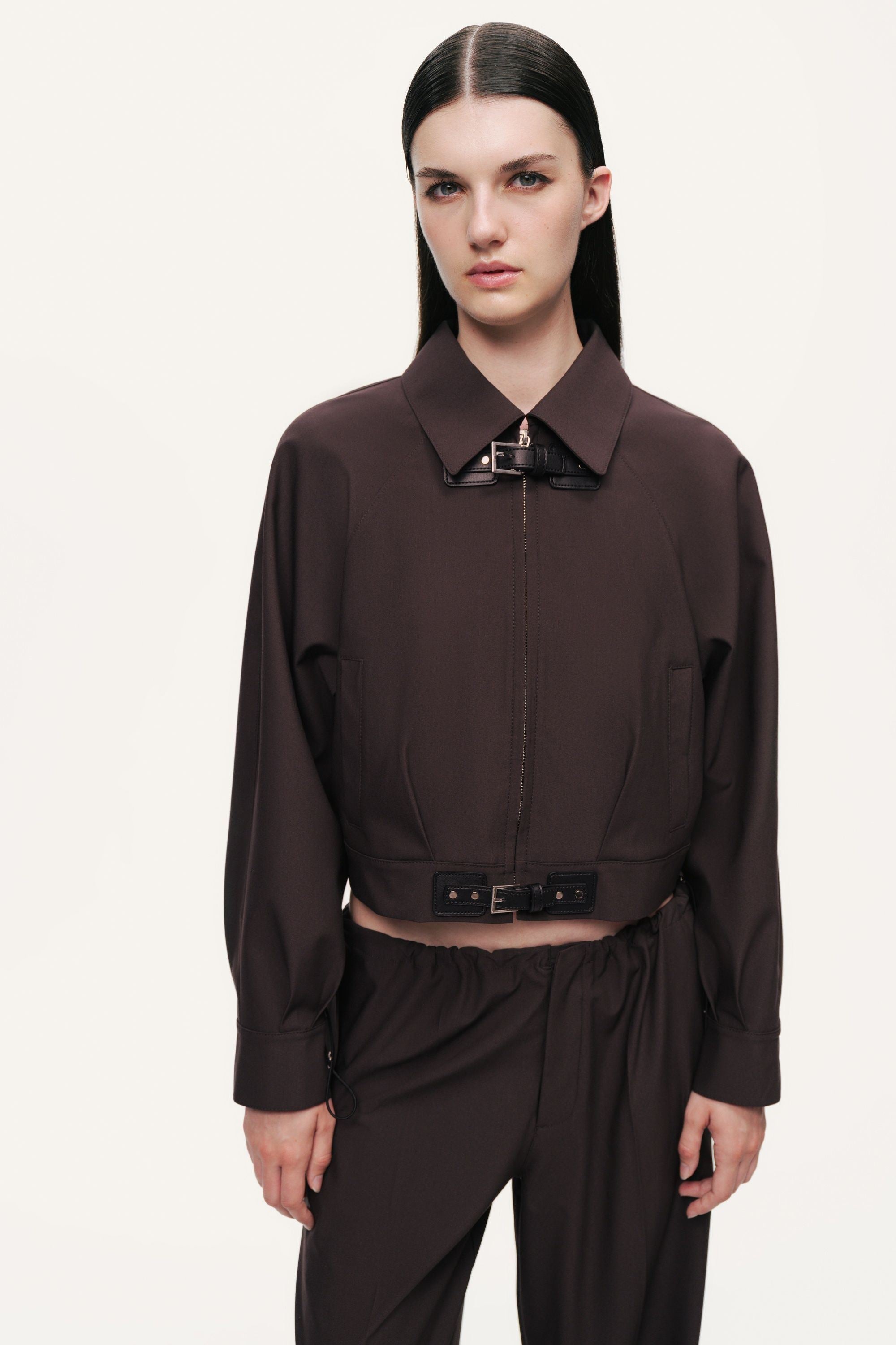 Buckle Detail Cropped Zip Jacket