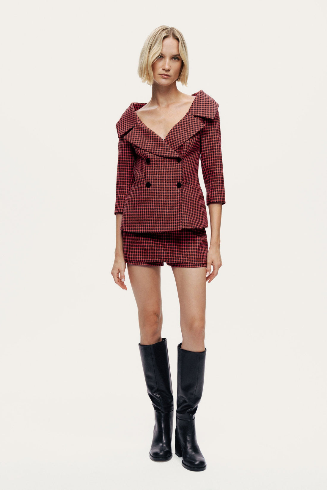 Checked Portrait Collar Double-Breasted Jacket