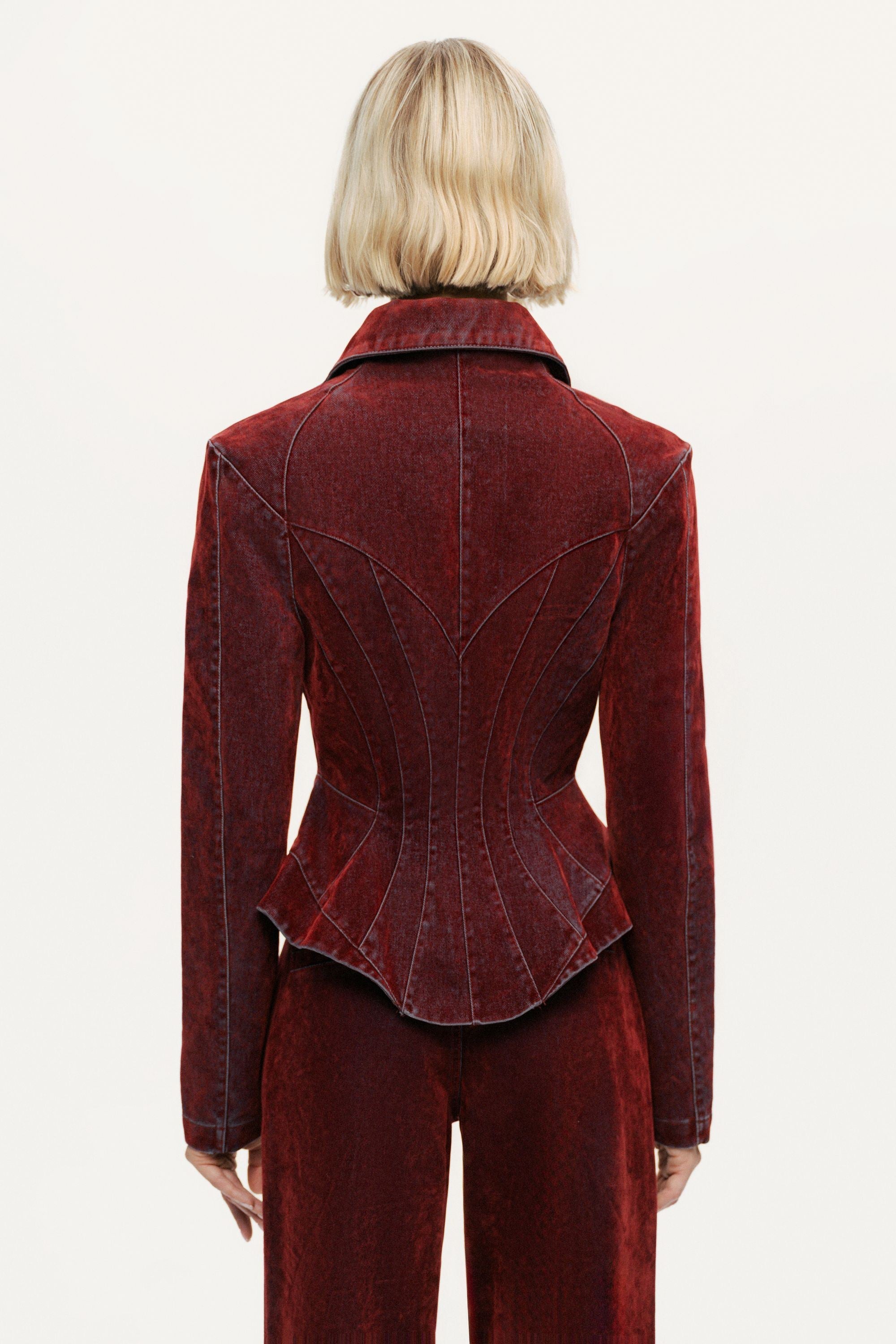 Velvet Corset-Seamed Peplum Jacket