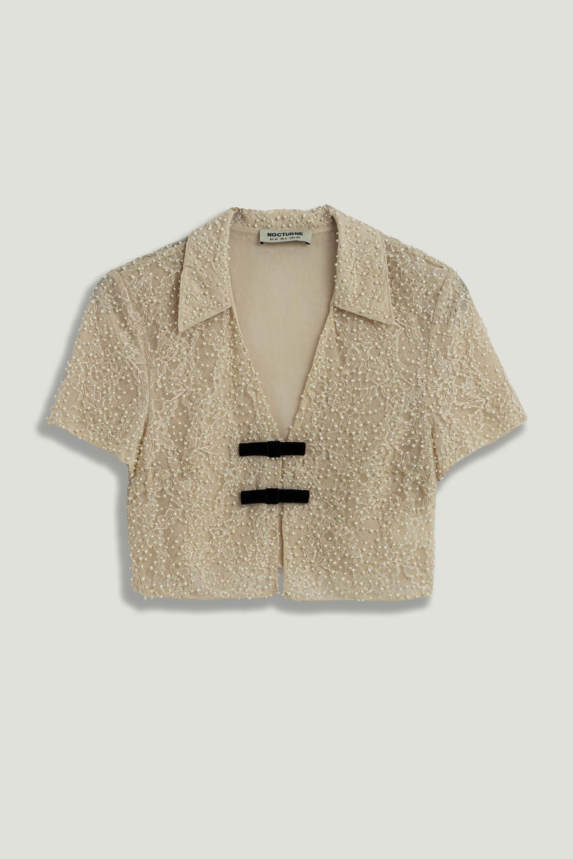 Pearl Embellished Bow Crop Blouse