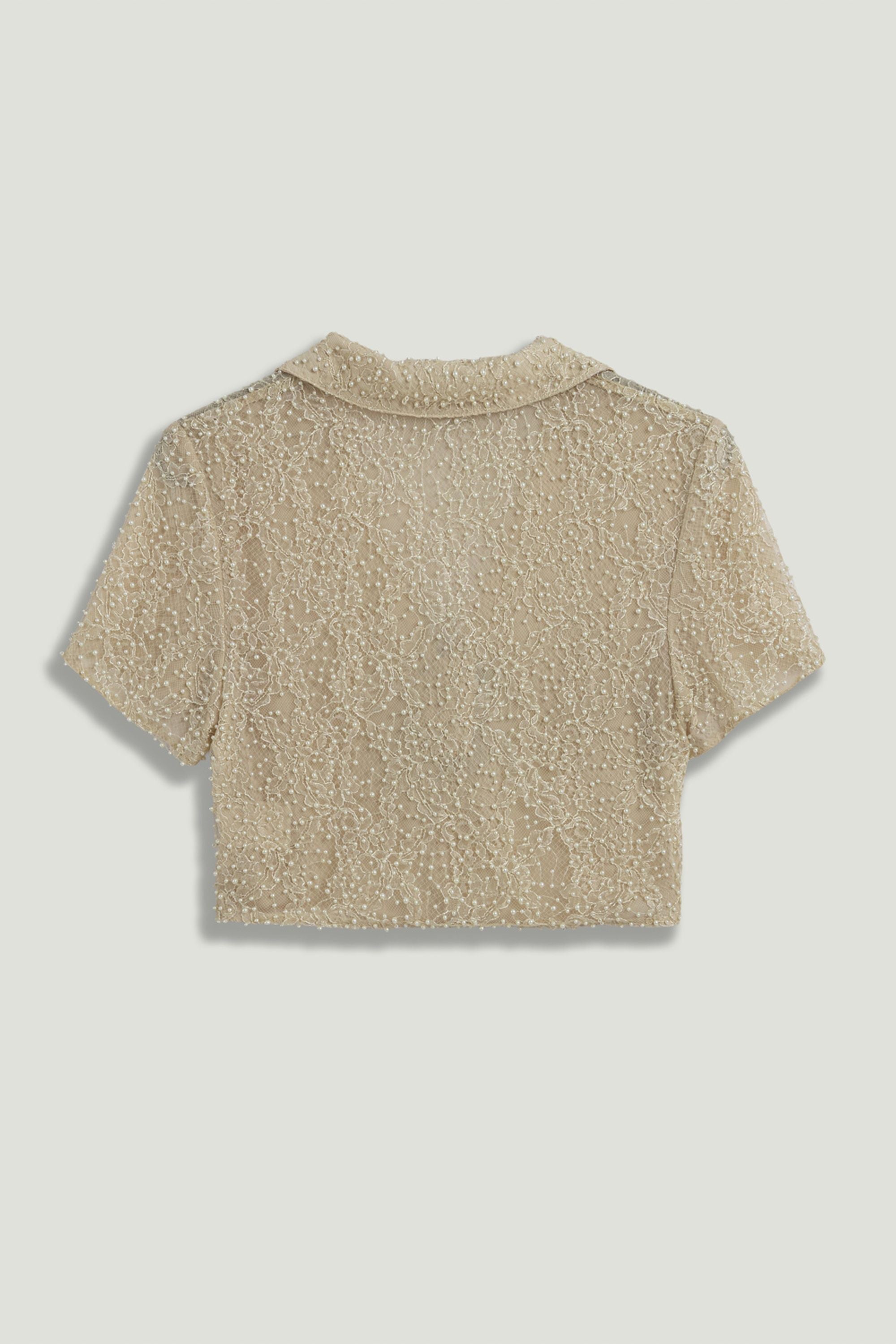 Pearl Embellished Bow Crop Blouse