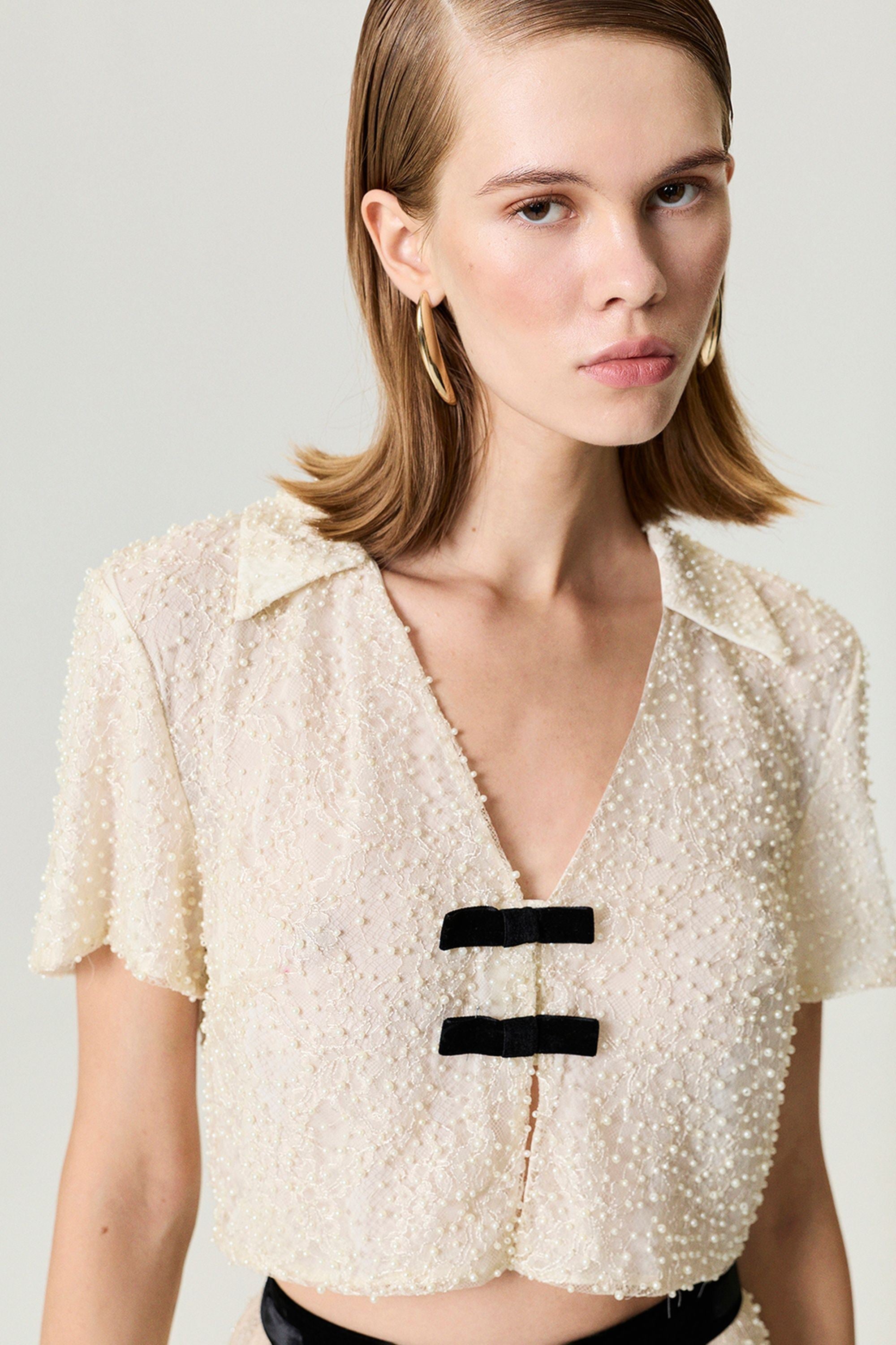 Pearl Embellished Bow Crop Blouse