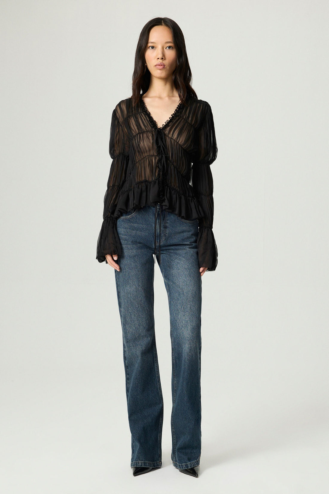Black Ruched Sheer Blouse