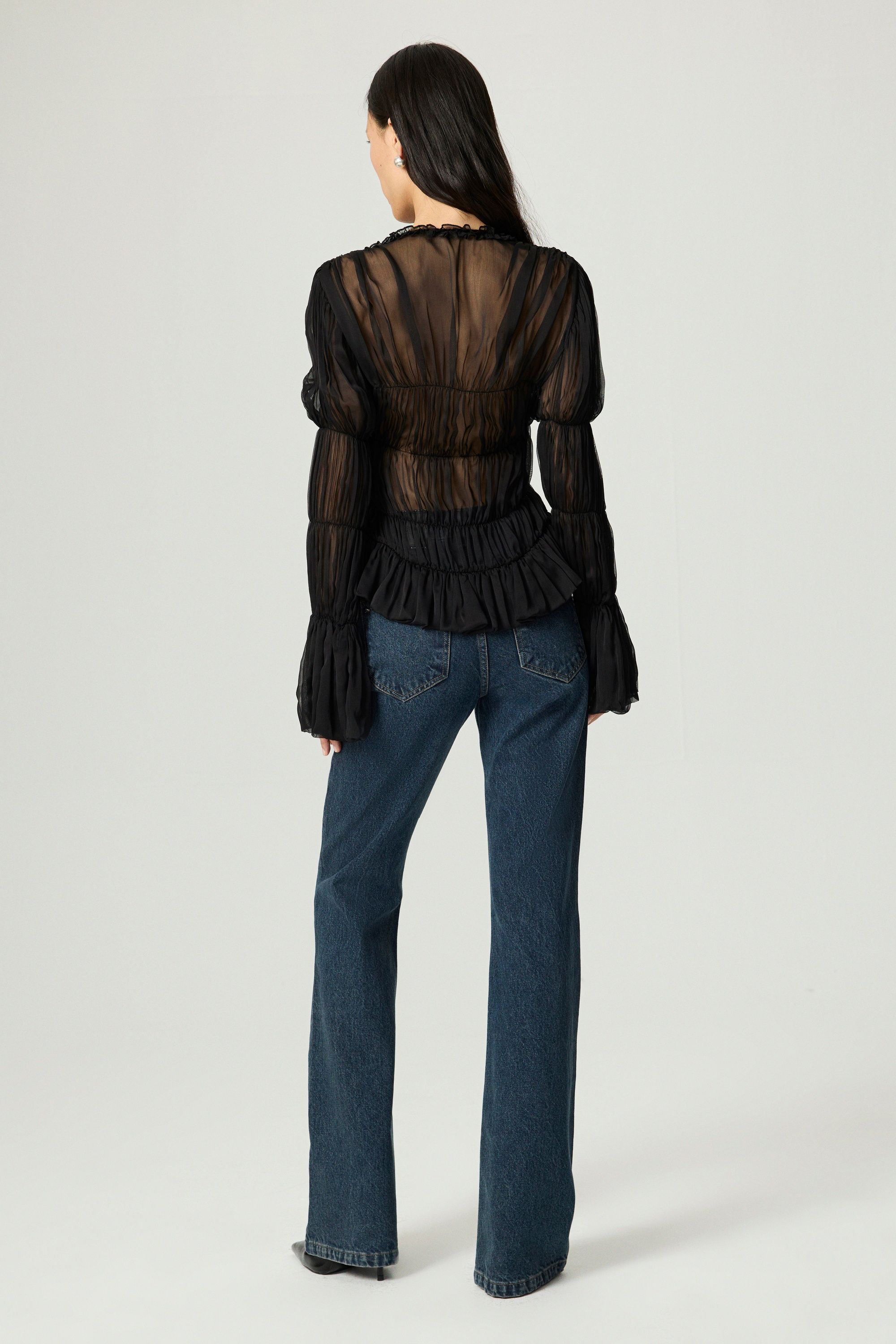 Black Ruched Sheer Blouse