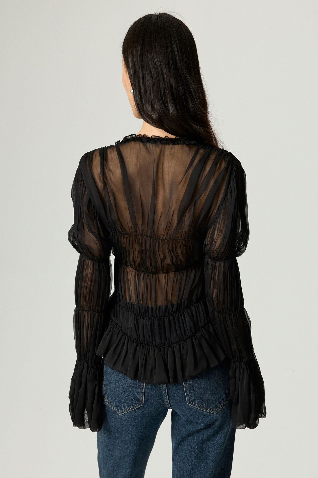 Black Ruched Sheer Blouse