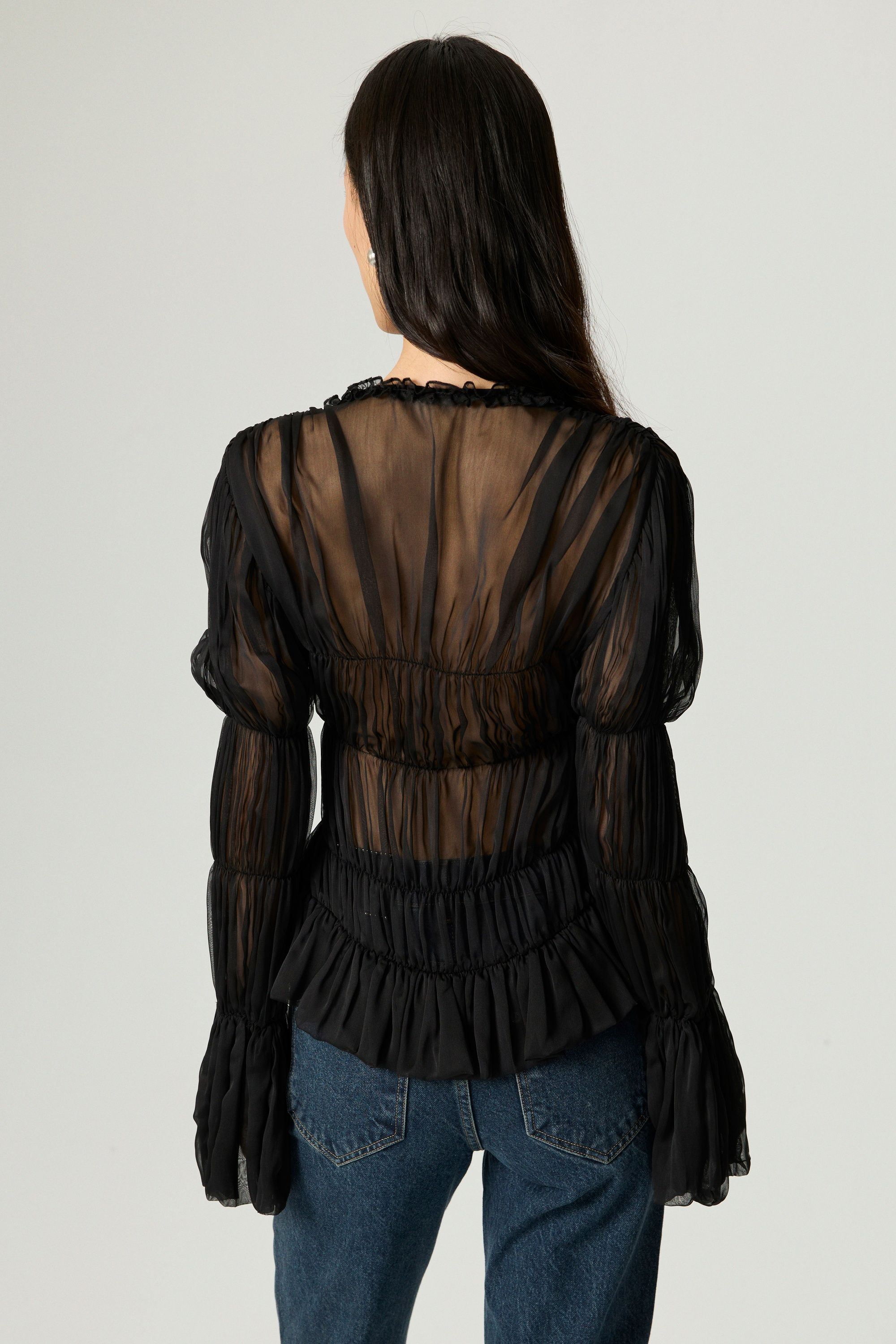 Black Ruched Sheer Blouse