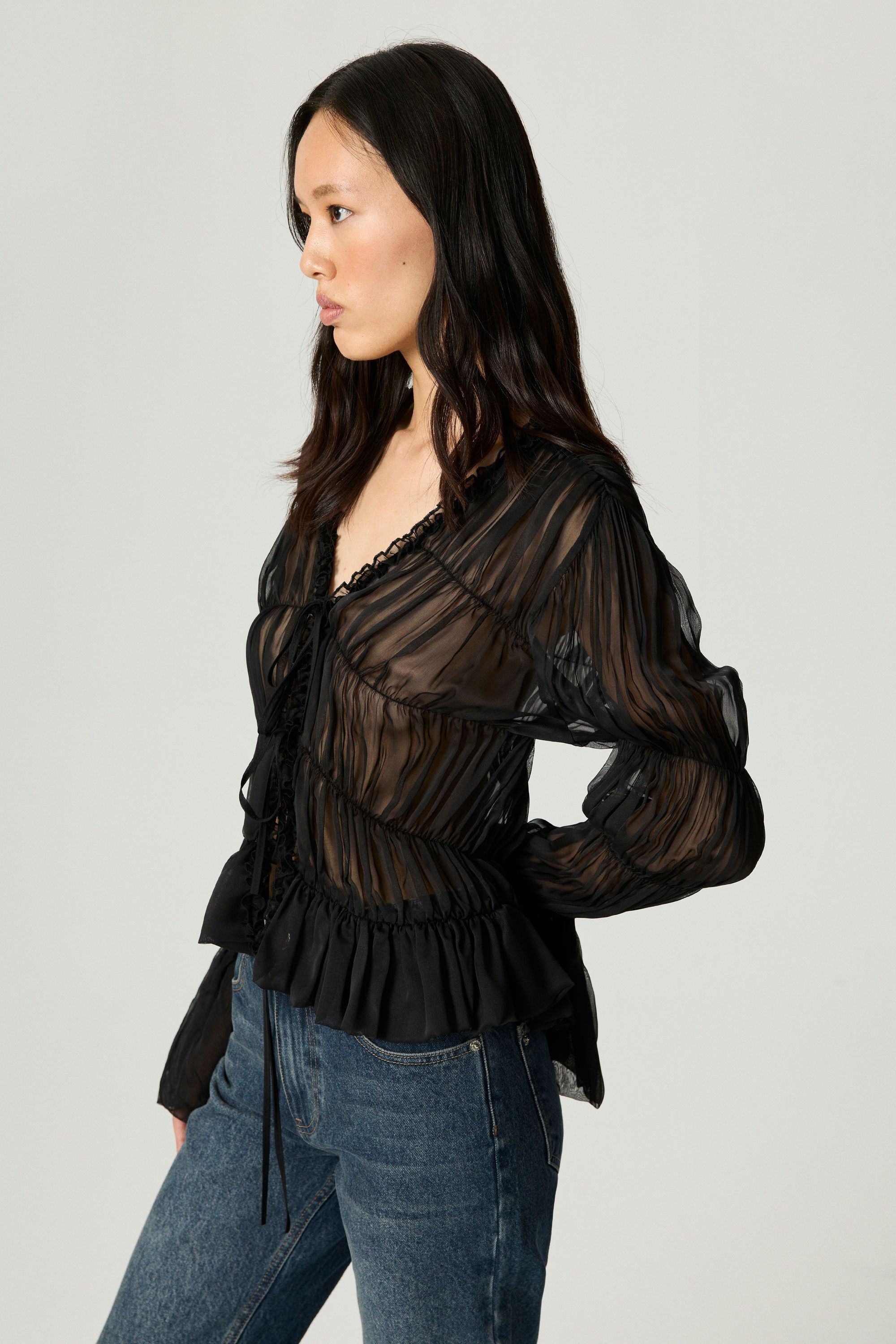 Black Ruched Sheer Blouse